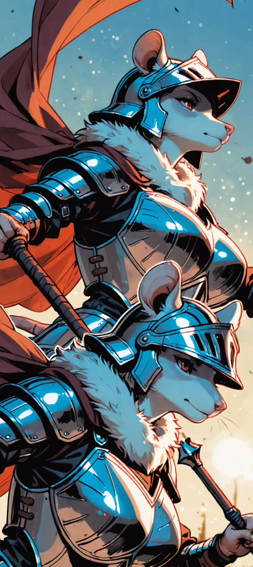 Цифровий малюнок, на якому зображено антропоморфну мишу-воїнку, одягнену в повний...