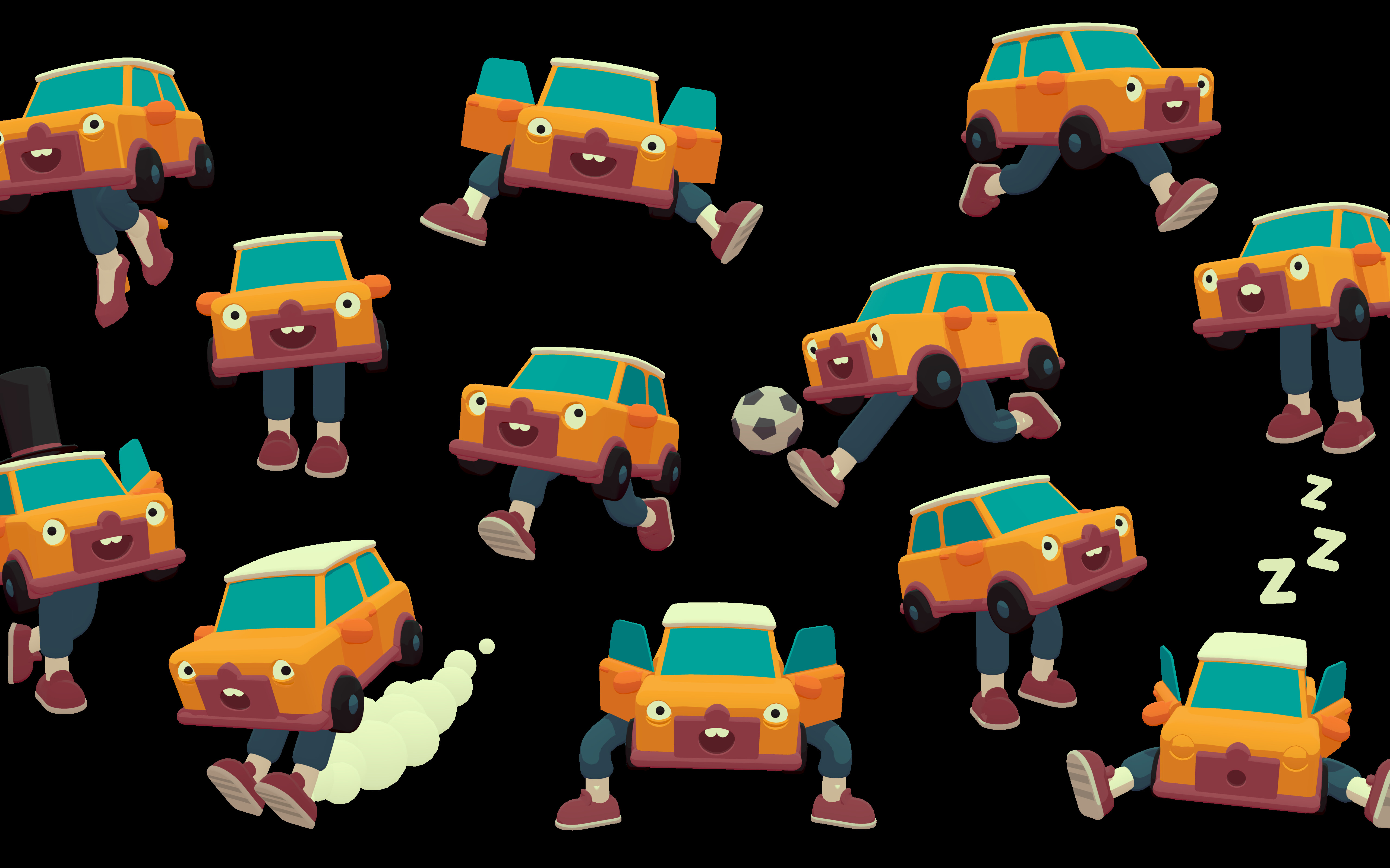 Яскрава, стилізована машина, що проїжджає через хаотичну смугу перешкод у відеогрі, яка базується на фізичних принципах.