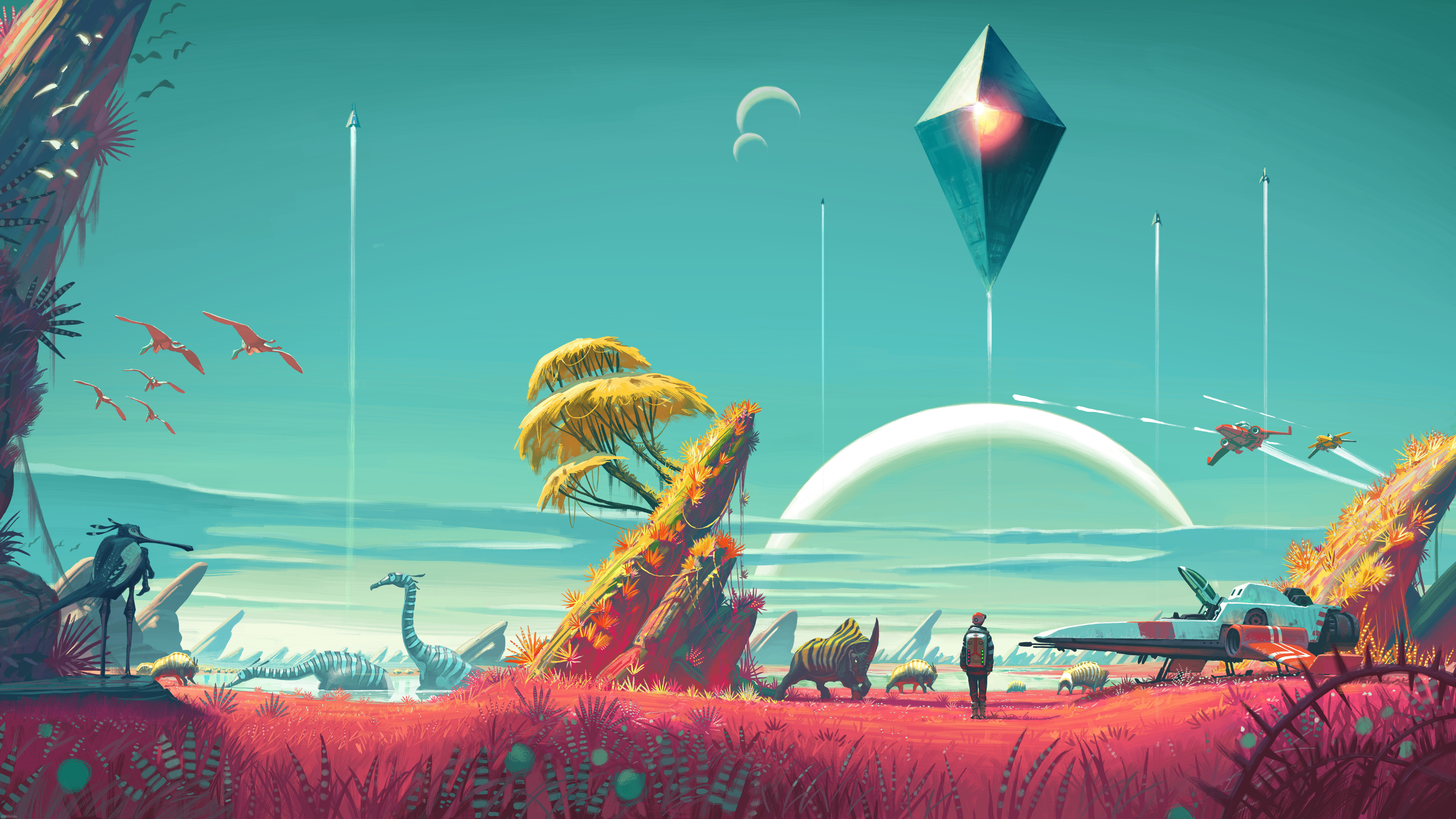 Персонаж науково-фантастичного жанру, відомий як Мандрівник з гри No Man’s Sky, досліджує барвистий, неземний планетарний ландшафт з екзотичною рослинністю.