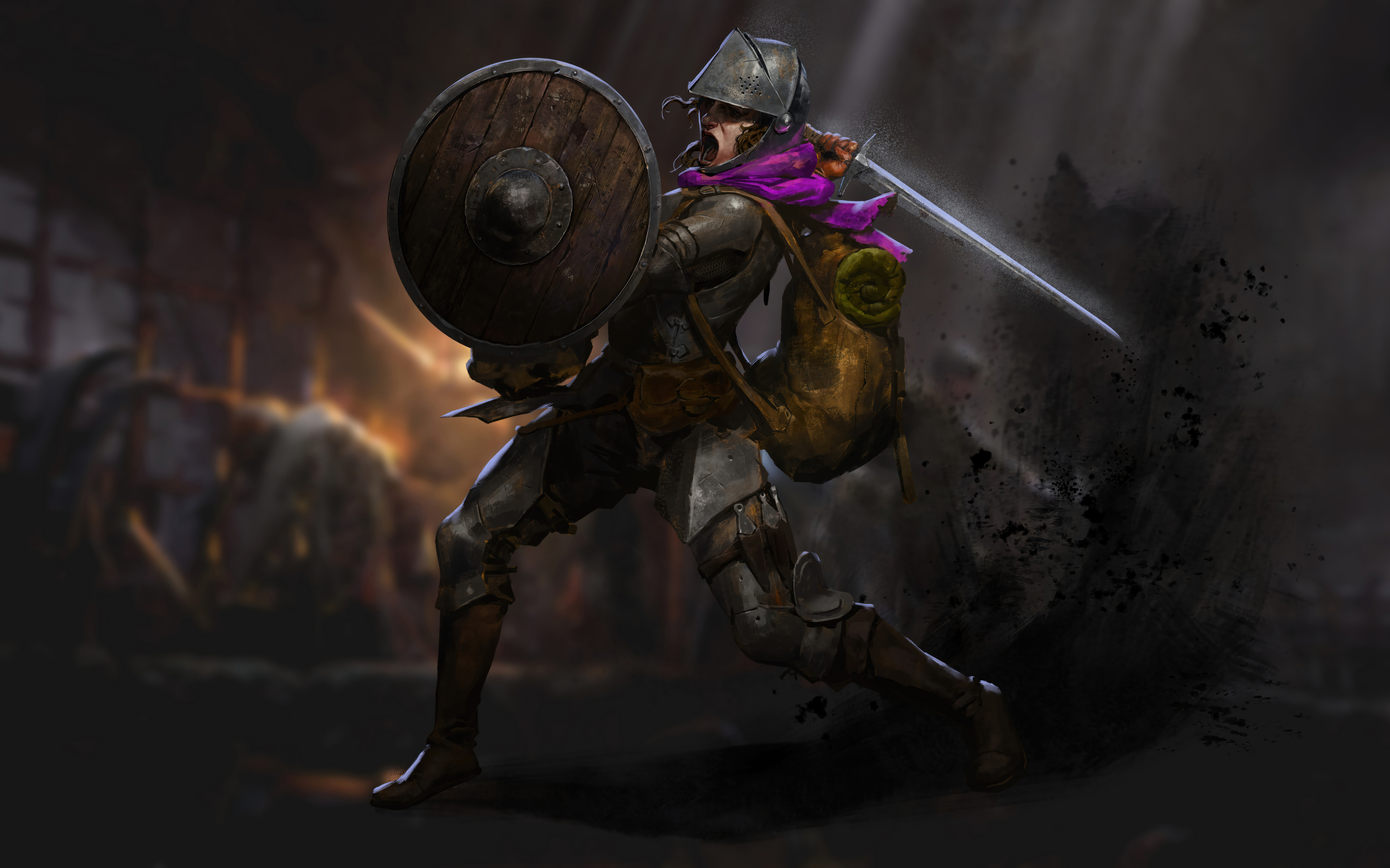 Озброєний до зубів герой-фантаст, який тримає ліхтар у темному кам’яному коридорі підземелля, натхненному іграми Dark and Darker.