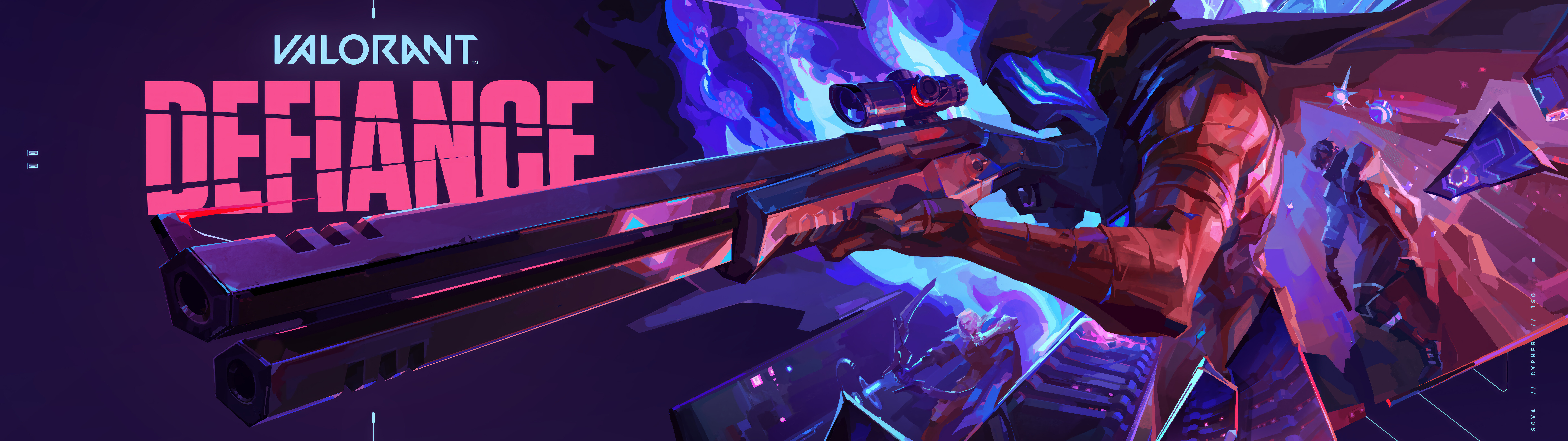 Яскравий і похмурий портрет Омена з гри Valorant, на якому зображено його фірмовий силует у капюшоні та сяючі очі на тлі вируючих тіней.