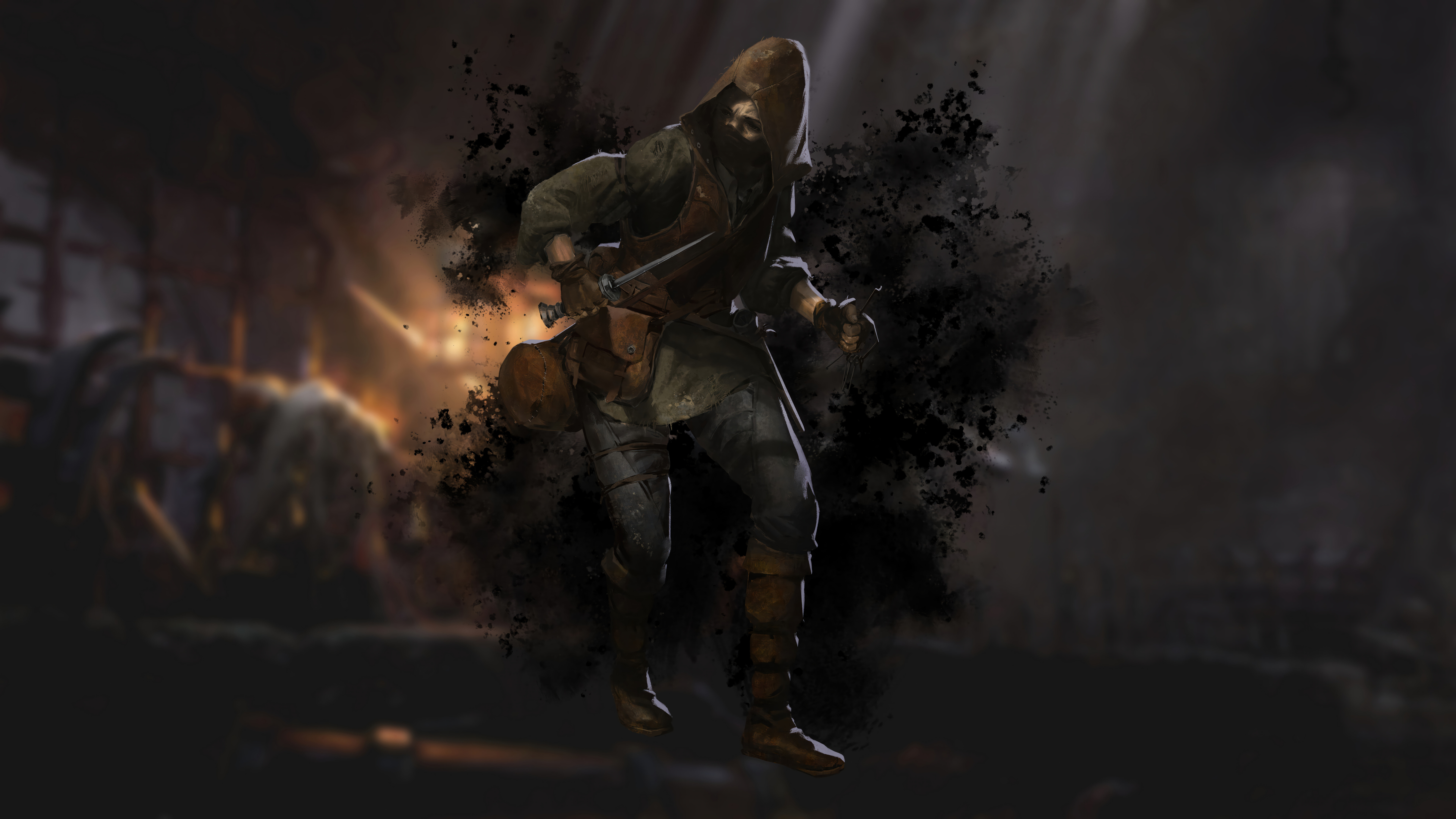 Важкоозброєний середньовічний воїн досліджує темний кам’яний підземелля, освітлений факелами, натхненний грою Dark and Darker.