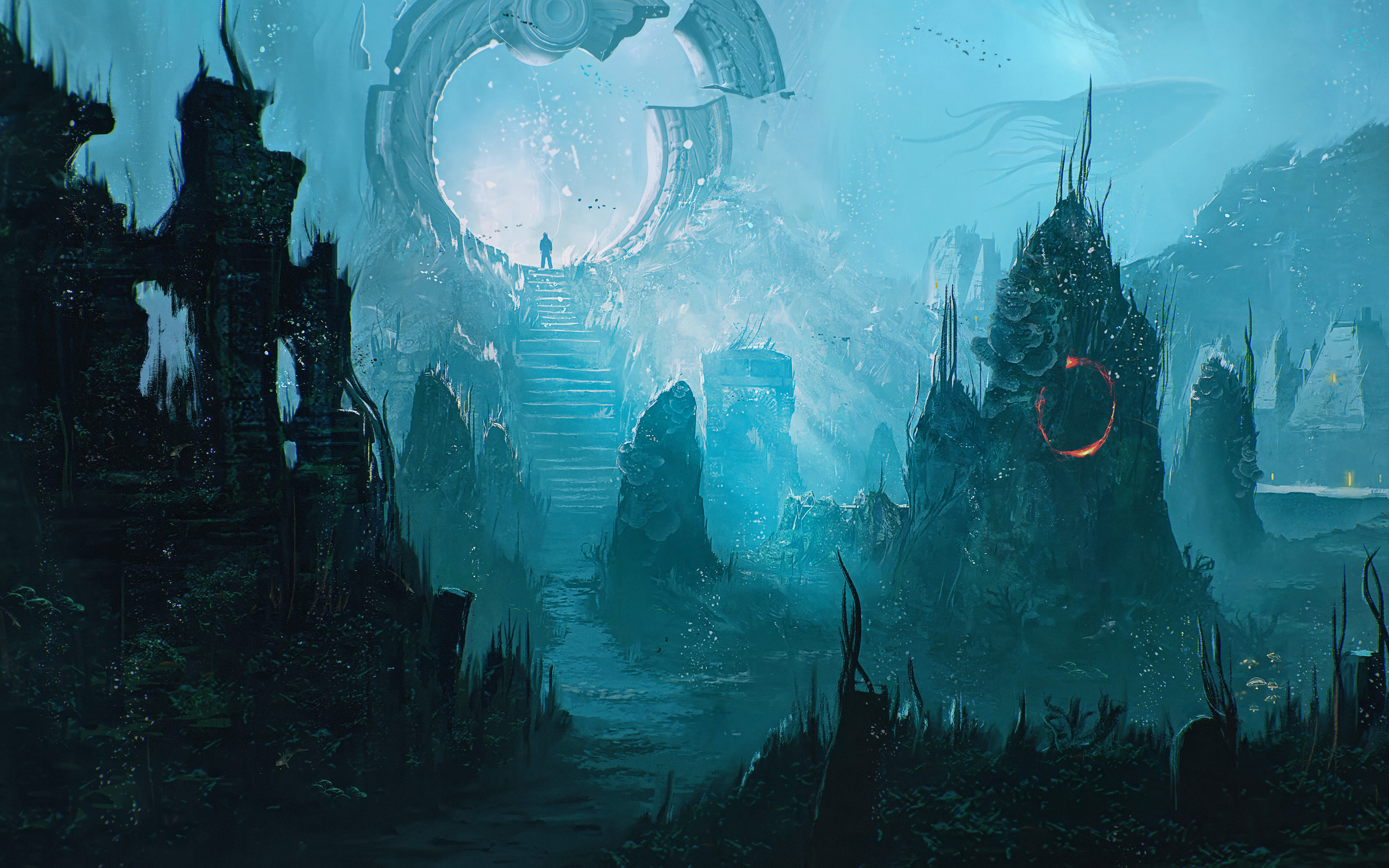 Захопливий підводний вид на стародавні, занедбані кам’яні руїни в глибоких водах, що мають темно-синій відтінок, натхненний грою «Шерлок Холмс: Пробудження».