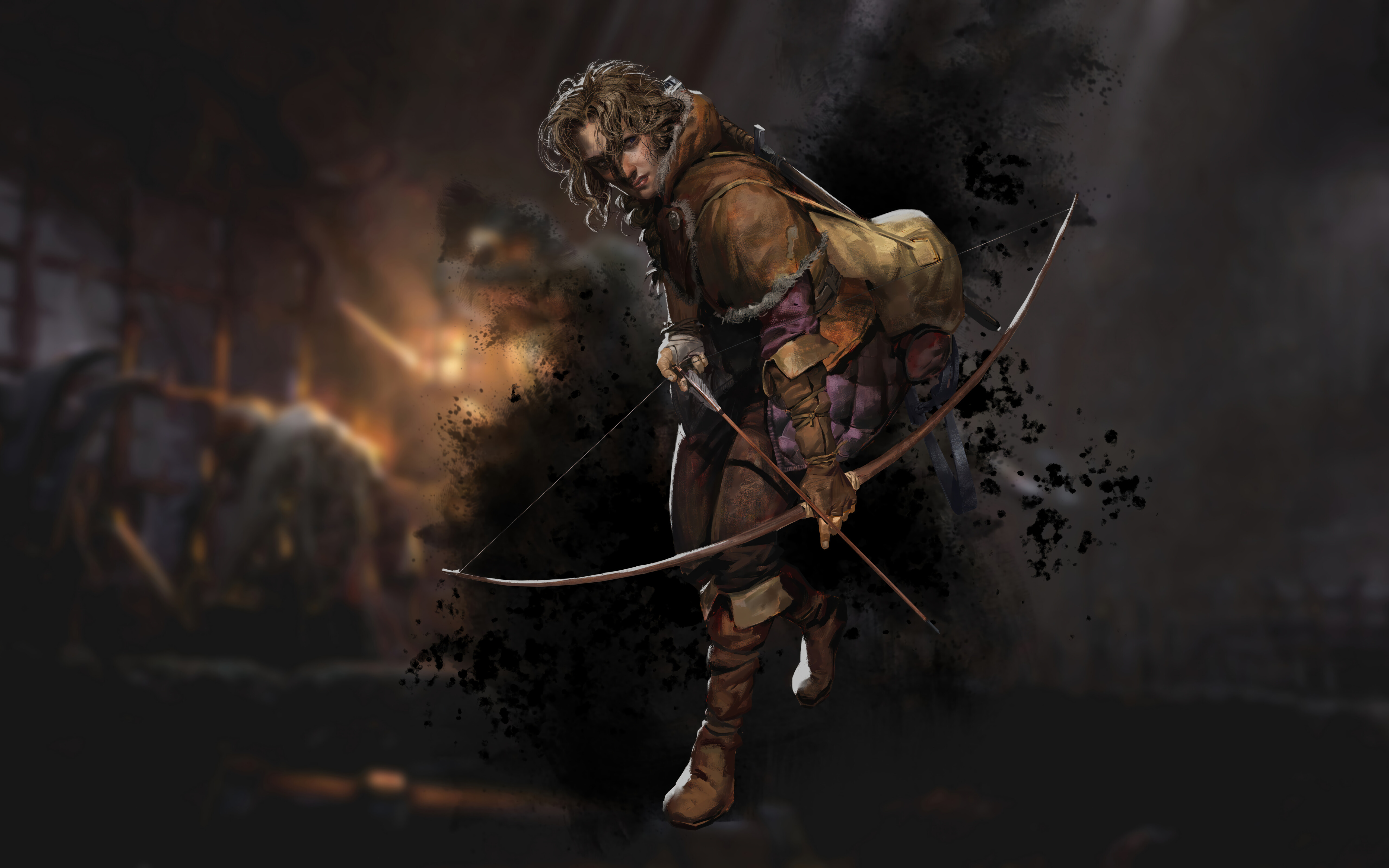 Закутаний у капюшон розбійник зі зброєю стоїть у напівтемному кам’яному середньовічному підземеллі.