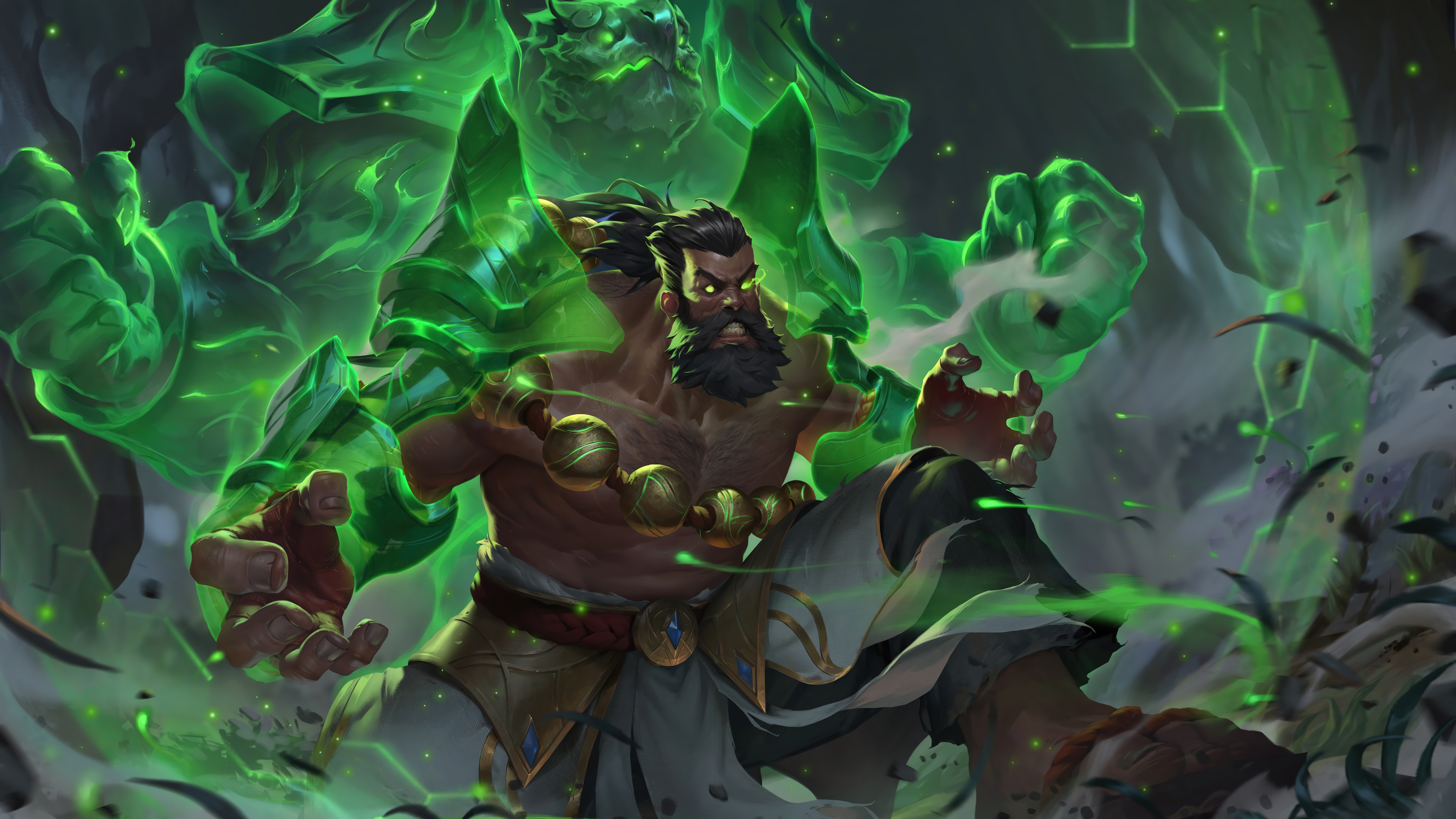 Удір, Духовний Мандрівник зі всесвіту League of Legends, зображений у первісній і могутній позі.