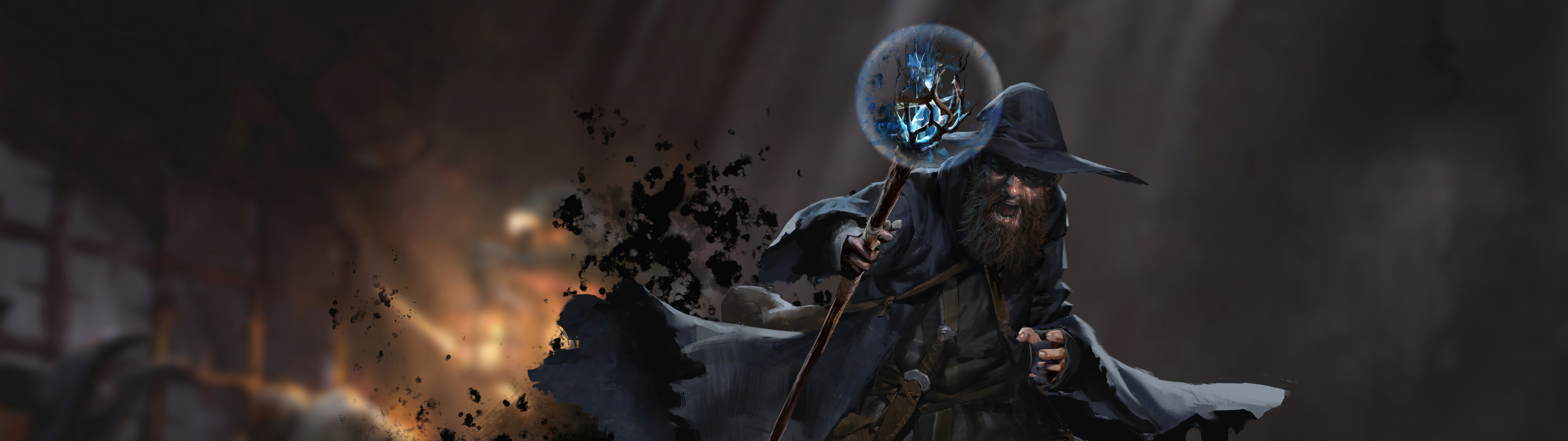 Темний чарівник у стилі темного фентезі з гри Dark and Darker, який тримає в руках сяючу магічну палицю, перебуваючи в похмурому, атмосферному підземеллі.