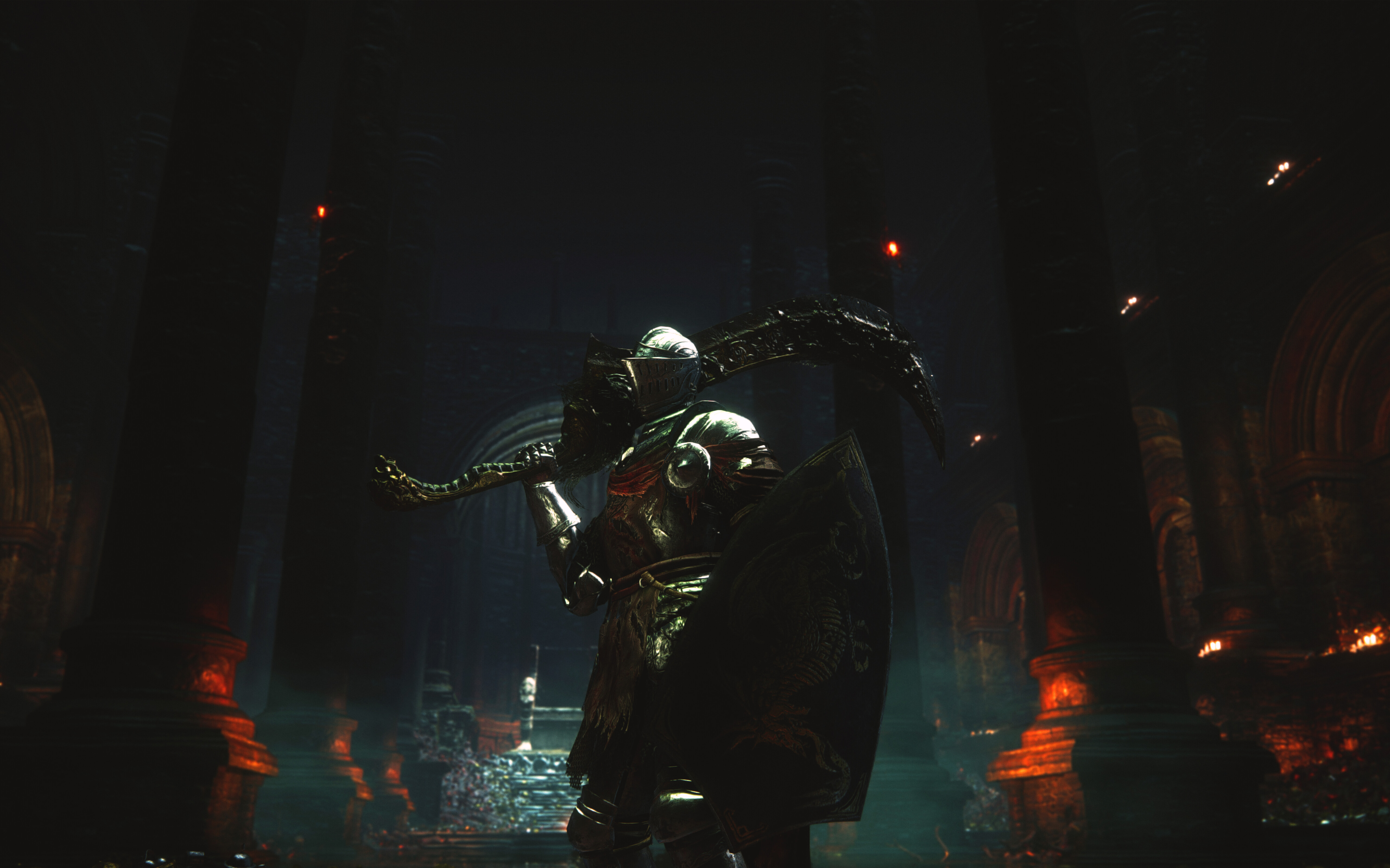 Лицар з Лотріка в важких, пошарпаних у боях обладунках з відеогри Dark Souls III: The Ringed City.