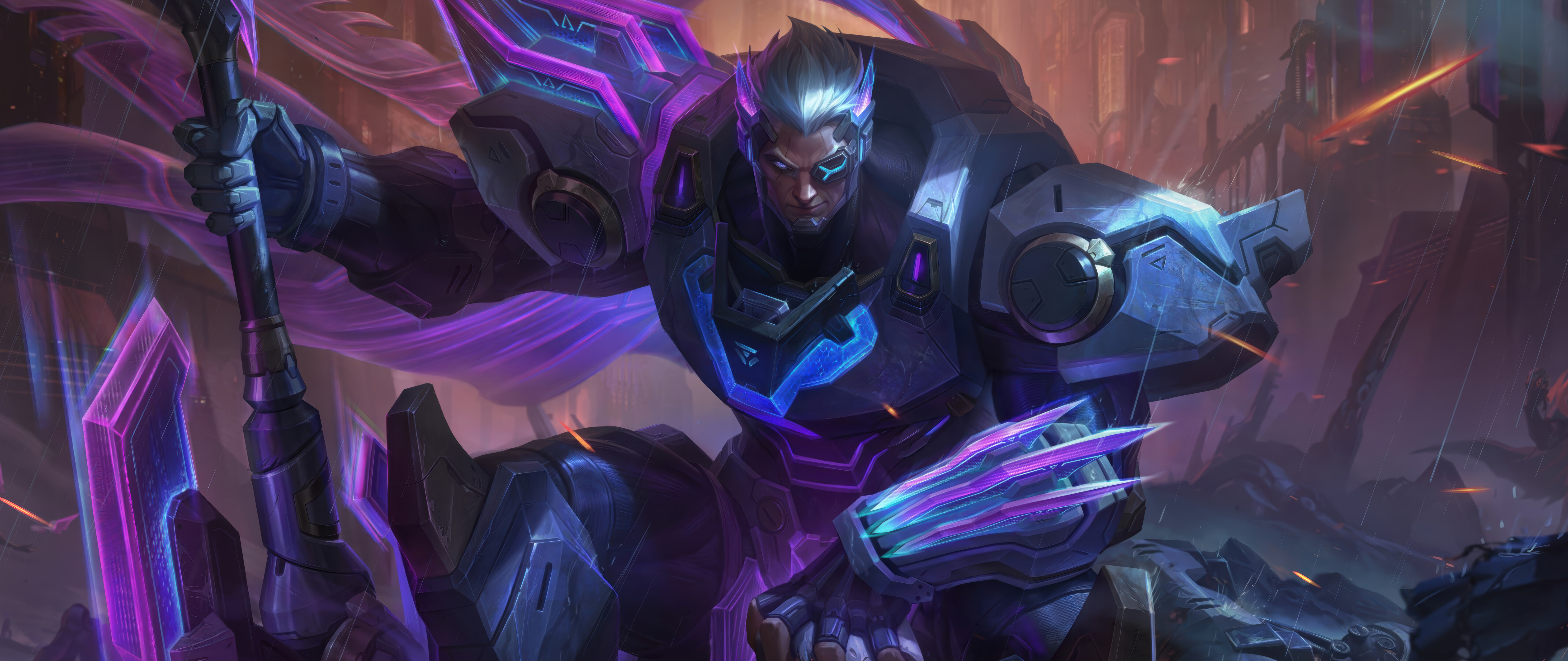 Деталізоване зображення Даріуса з гри League of Legends, на якому він одягнений у важкі ноксійські обладунки, а навколо панує загрозлива атмосфера.