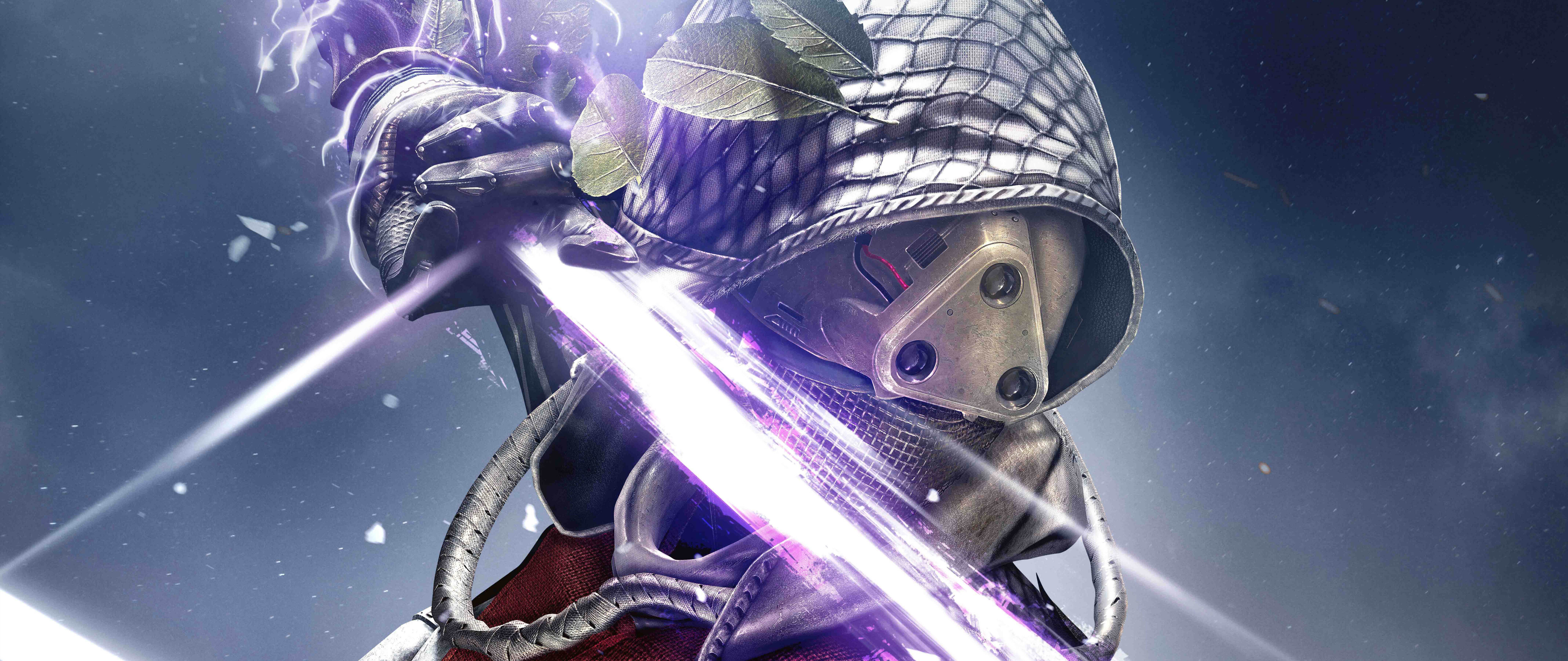 Деталізоване зображення науково-фантастичного «Захисника» з гри Destiny, одягненого в сяючі обладунки та шолом, на тлі зоряного неба та туманностей.