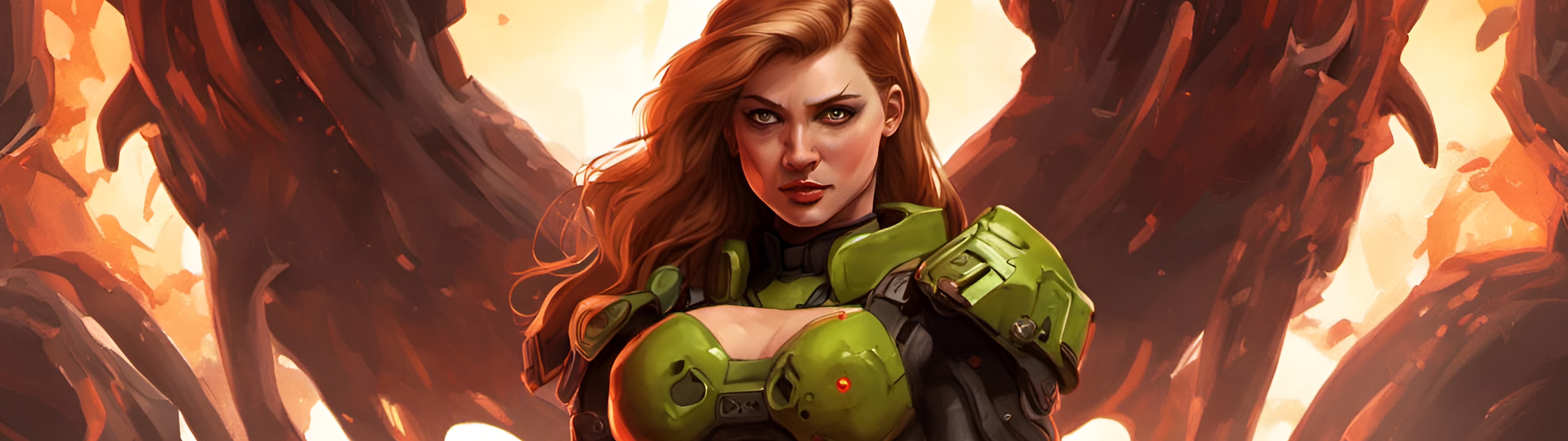 Жінка-воїн у важких бойових обладунках, яка тримає у руках велику вогнепальну зброю та бореться з демоном, образ створено під впливом серії відеоігор DOOM.