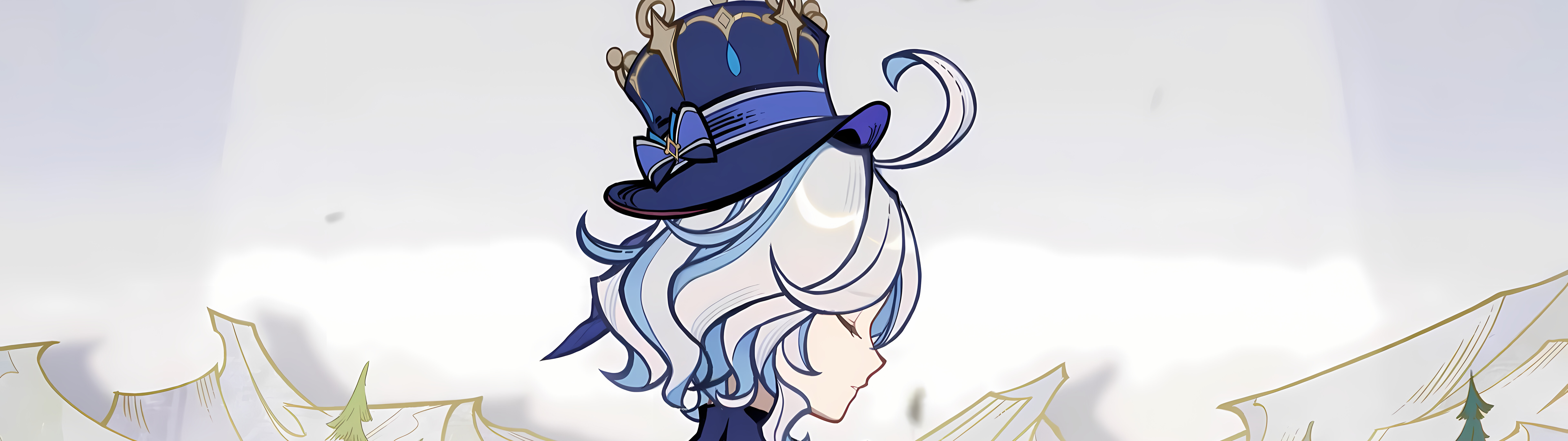 Чудове зображення Фуріни з гри Genshin Impact, на якому підкреслено її вишуканий блакитний костюм і театральну зовнішність.