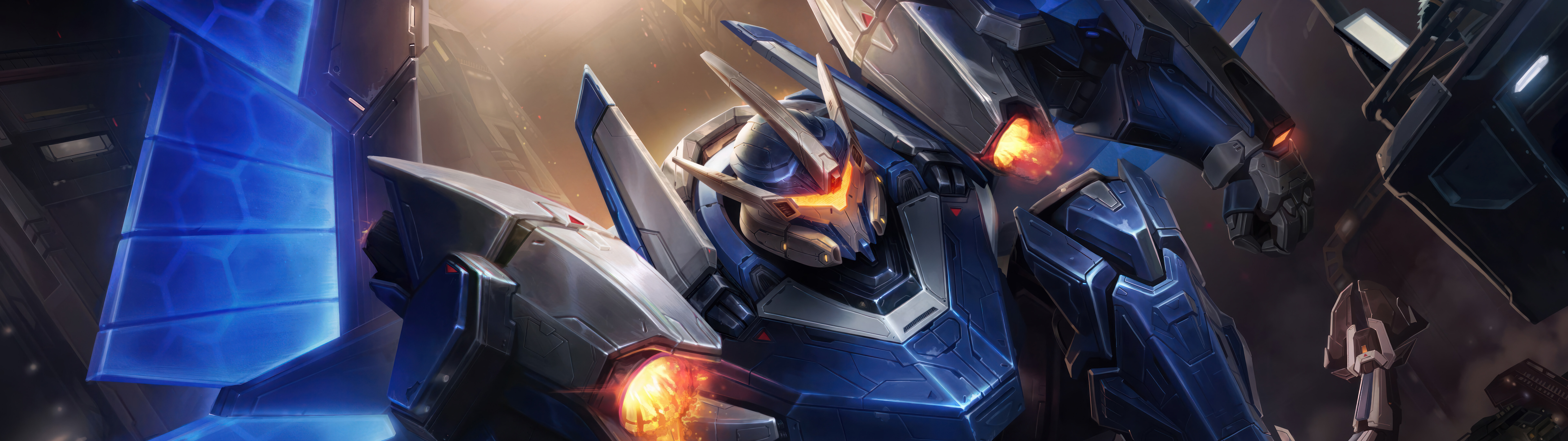 Величезний робот у стилі «меха», натхненний Галіо з гри League of Legends, з міцною металевою обшивкою та сяючими енергетичними компонентами.