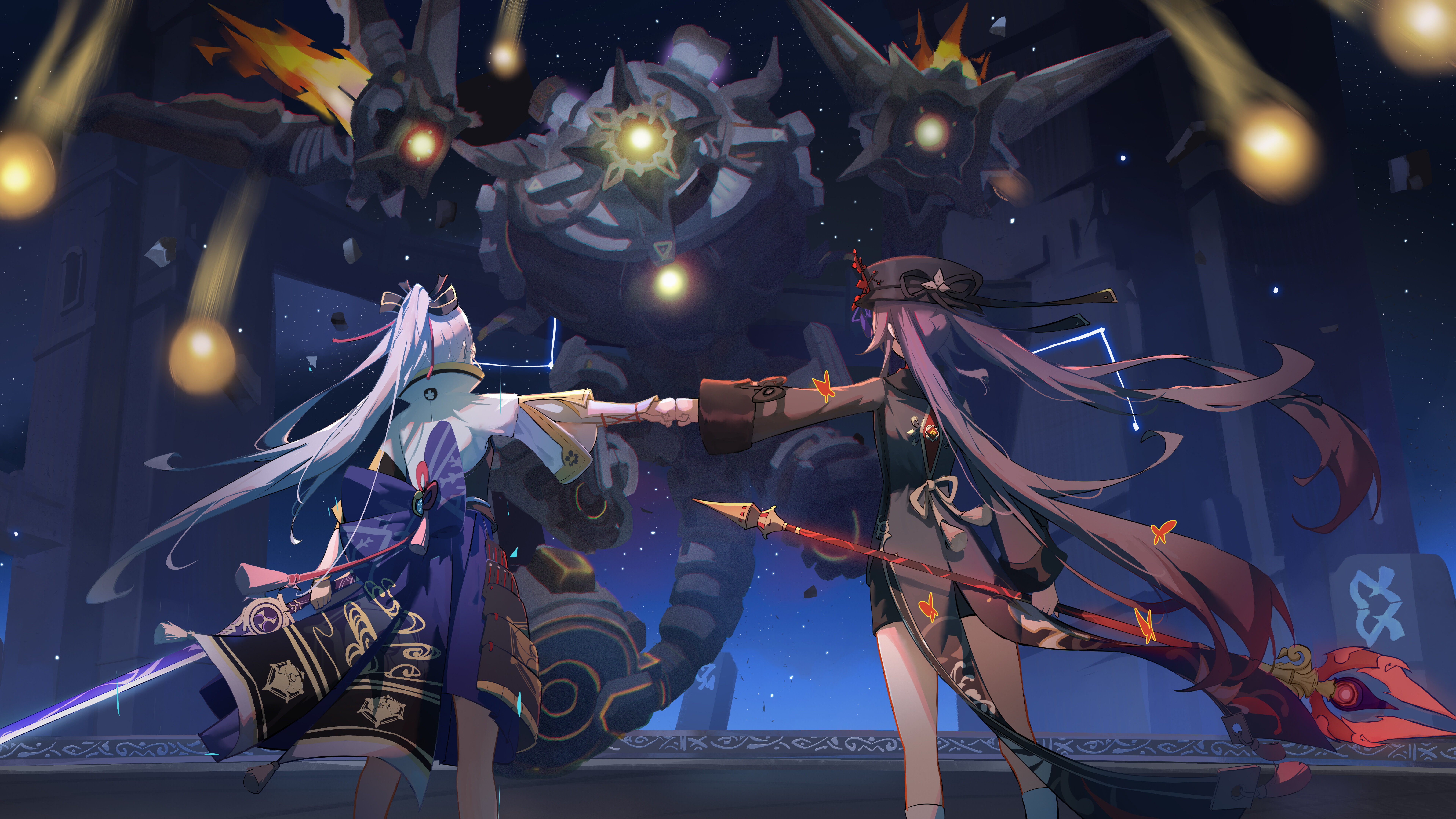 Художнє зображення Камісато Аяки та Ху Тао, персонажів з гри Genshin Impact.