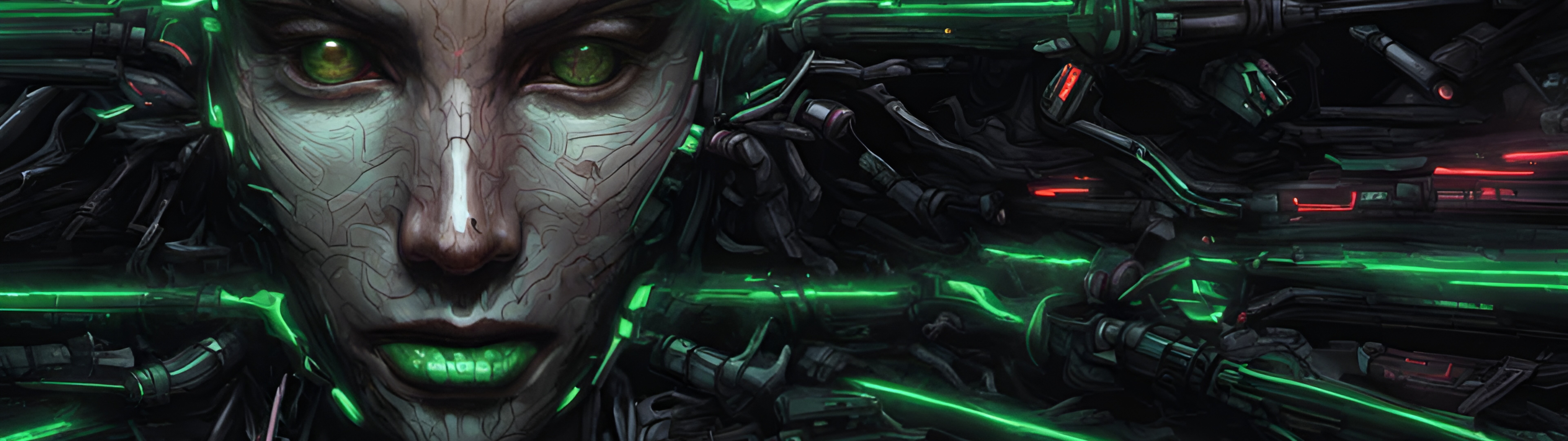Детальний біомеханічний образ Шодан із гри System Shock, на якому зображено мерехтливі нейронні шляхи та кібернетичні компоненти в ретро-футуристичному стилі.