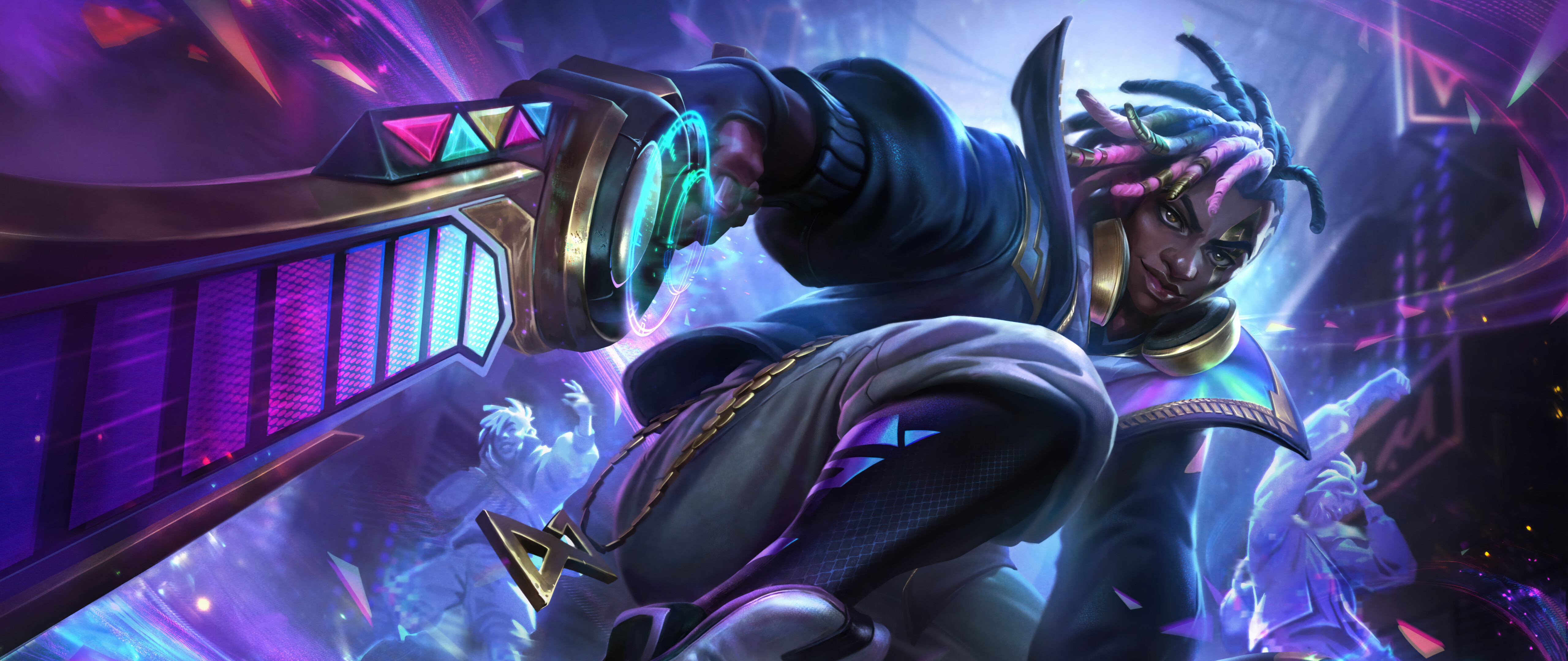 Деталізована цифрова ілюстрація Екко з гри League of Legends, на якій зображено неонові вогні та футуристичний вуличний одяг.