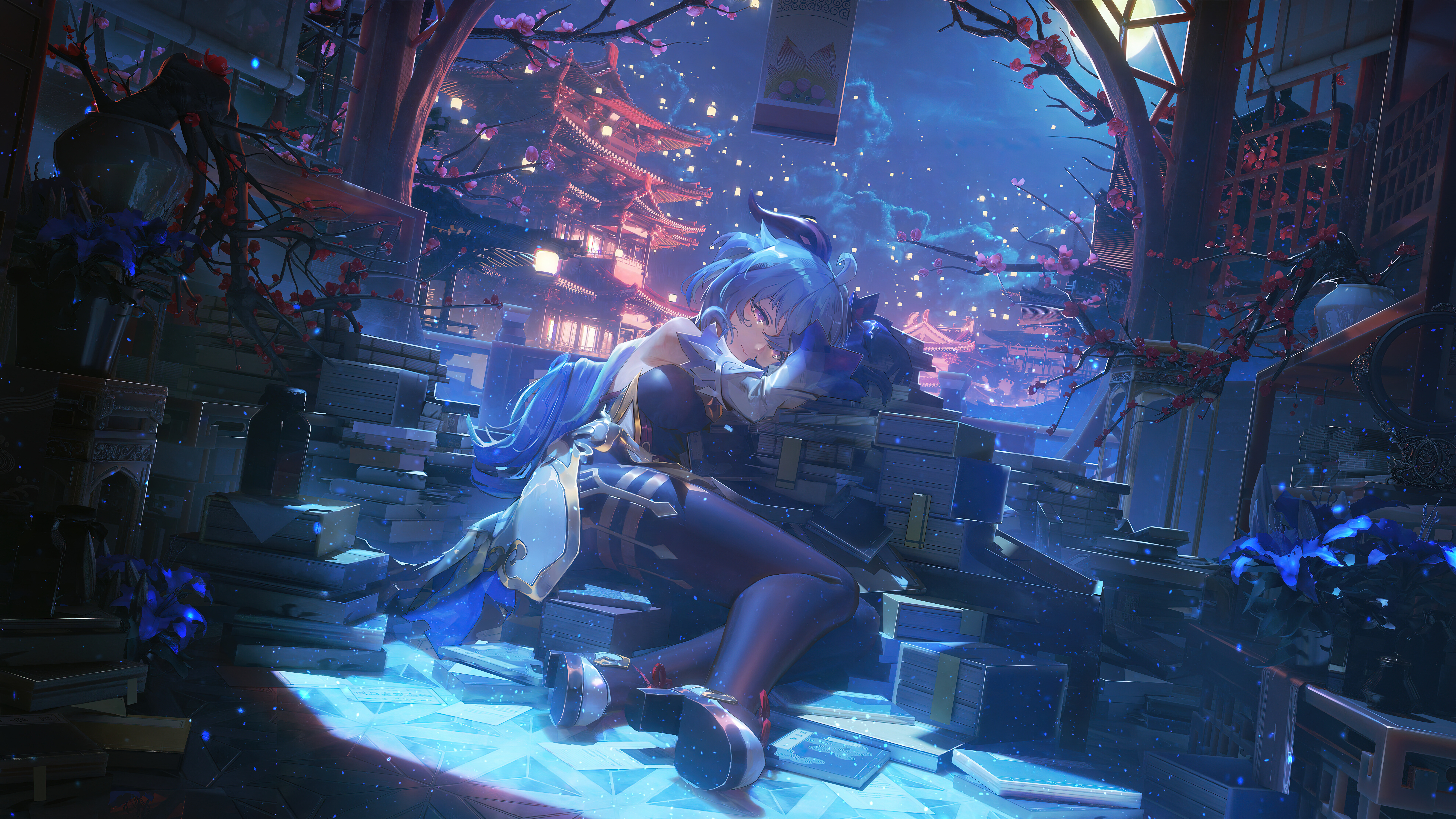 Деталізоване зображення Ґанью з гри Genshin Impact, на якому підкреслено її характерні роги та вишуканий дизайн персонажа.