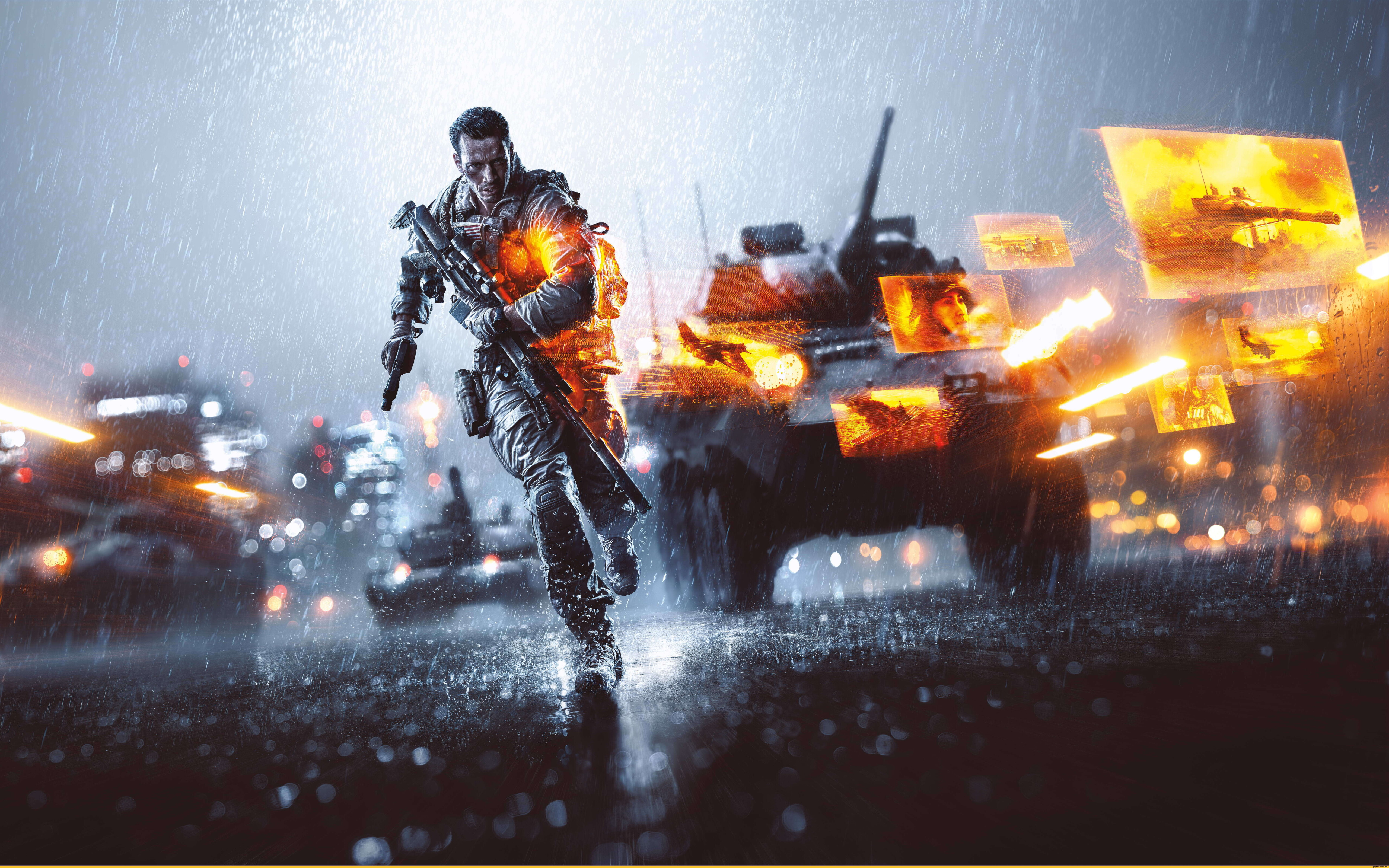 Важкий військовий танк пересувається по задимленій, заваленій уламками території під час напруженої бойової операції.