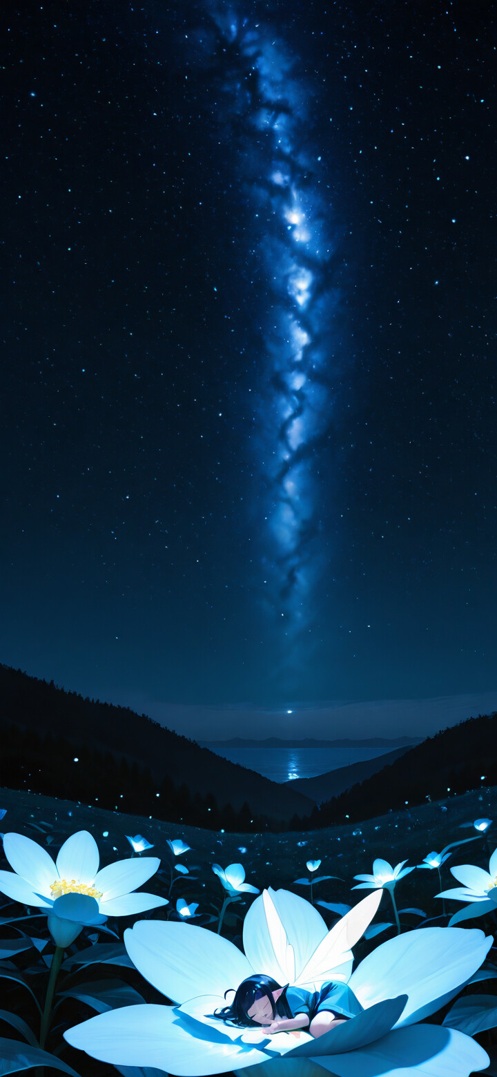 Маленька дівчинка з темним волоссям міцно спить у центрі величезної, сяючої блакитної квітки під яскравим зоряним небом, а смуга Чумацького Шляху ніби спускається до неї.