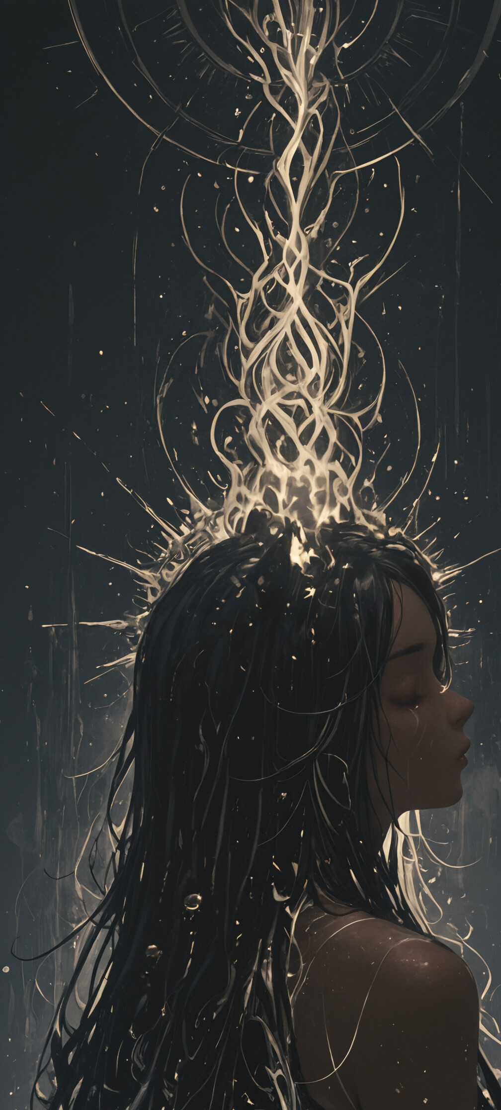 Цифровий малюнок, на якому зображено спокійну молоду жінку з довгим чорним волоссям і чорними котячими вушками, показану в профіль. Її очі заплющені на тлі темного, космічного пейзажу, а позаду неї видніється великий, сяючий золотистий небесний візерунок.