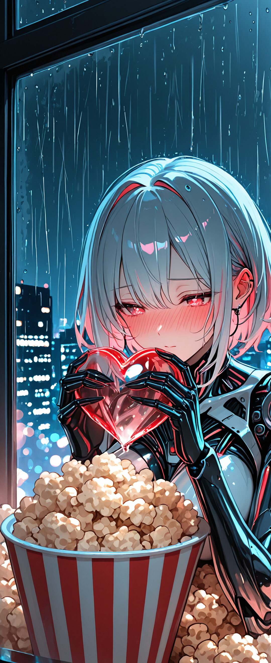 Анімешна дівчина-кіборг із короткою, світло-блакитною зачіскою та блакитними очима, яка червоніє, тримаючи велике червоно-біле смугасте відро з попкорном. На попкорні лежить рожеве, напівпрозоре серце. Вона стоїть перед вікном, з якого видно нічне місто в дощову погоду.