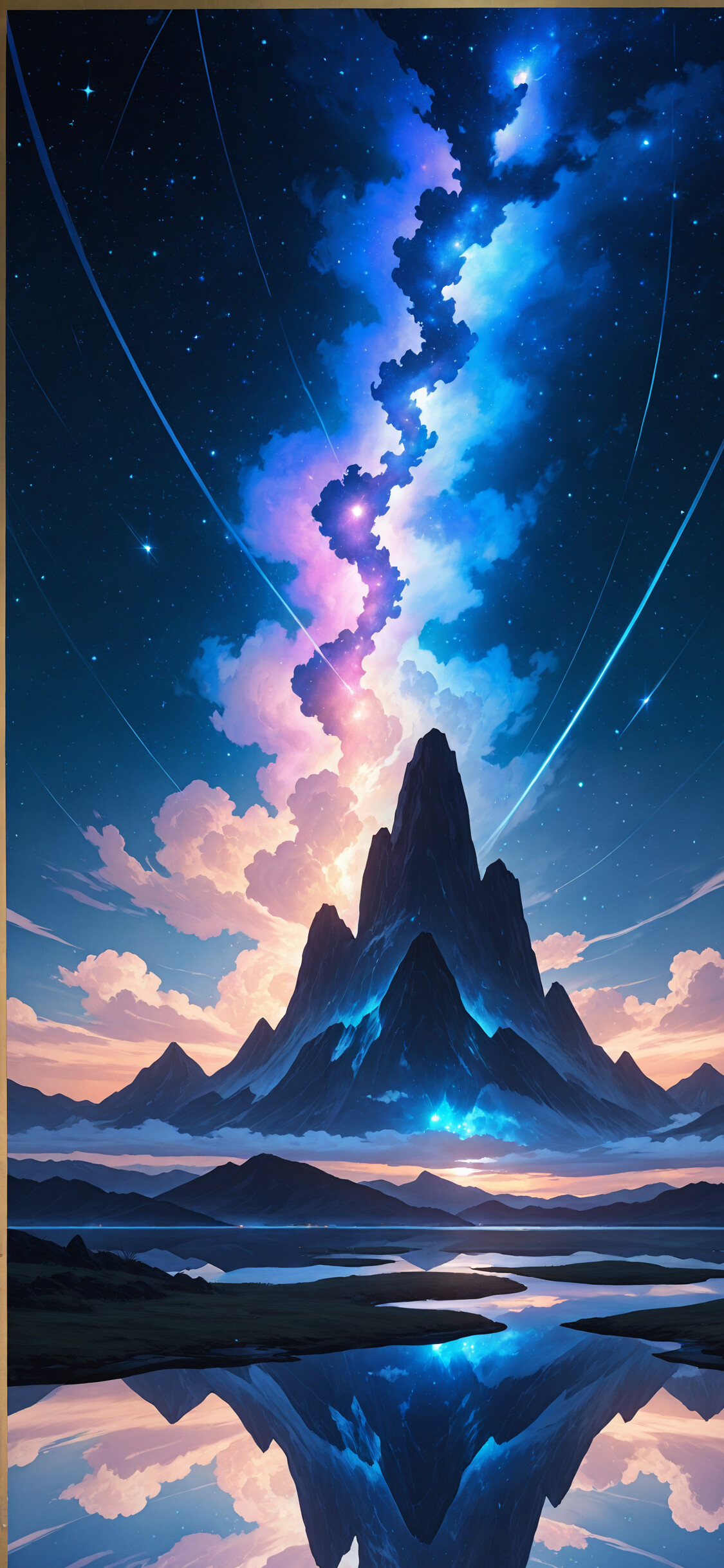 Самотня постать у плащі стоїть перед великою, зубчастою горою під барвистим, зоряним нічним небом, де видніється туманність, і все це відбивається у спокійній воді внизу.