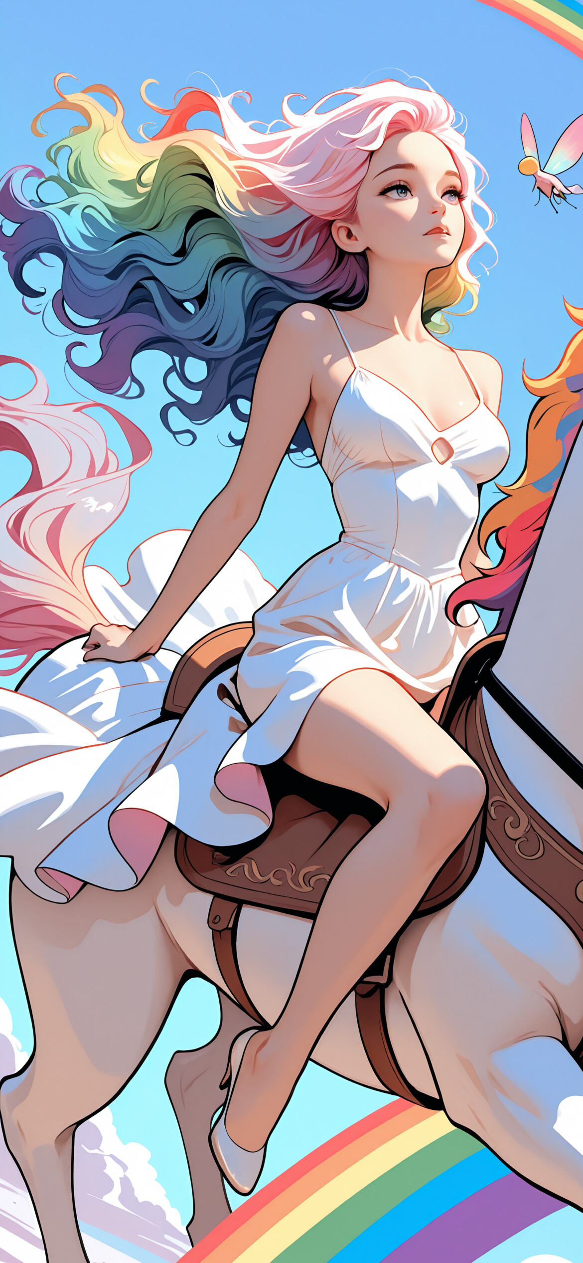 Молода жінка з райдужним волоссям і великими, яскравими крилами летить на білому Пегасі з райдужною гривою крізь хмарне блакитне небо. Під ними видно веселку.