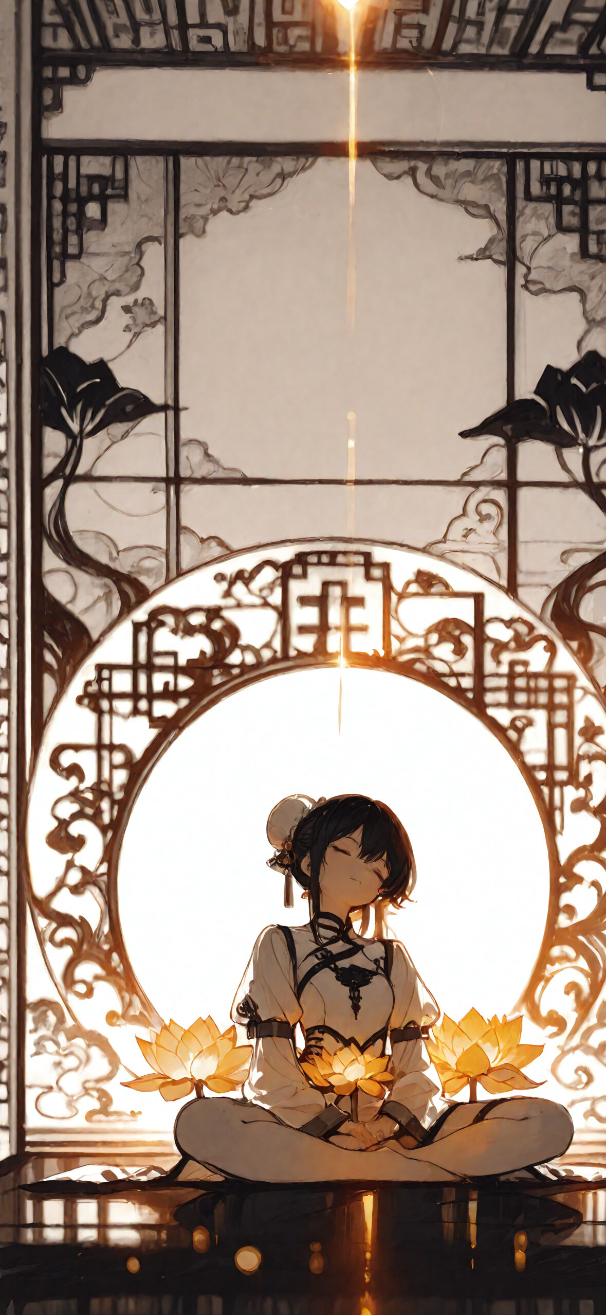 Аніме-дівчина з білим волоссям, зібраним у два пучки, медитує в позі лотоса. На ній біла ципао, навколо неї золоті квіти лотоса, а над головою – сяючий німб на тлі китайських ширм.