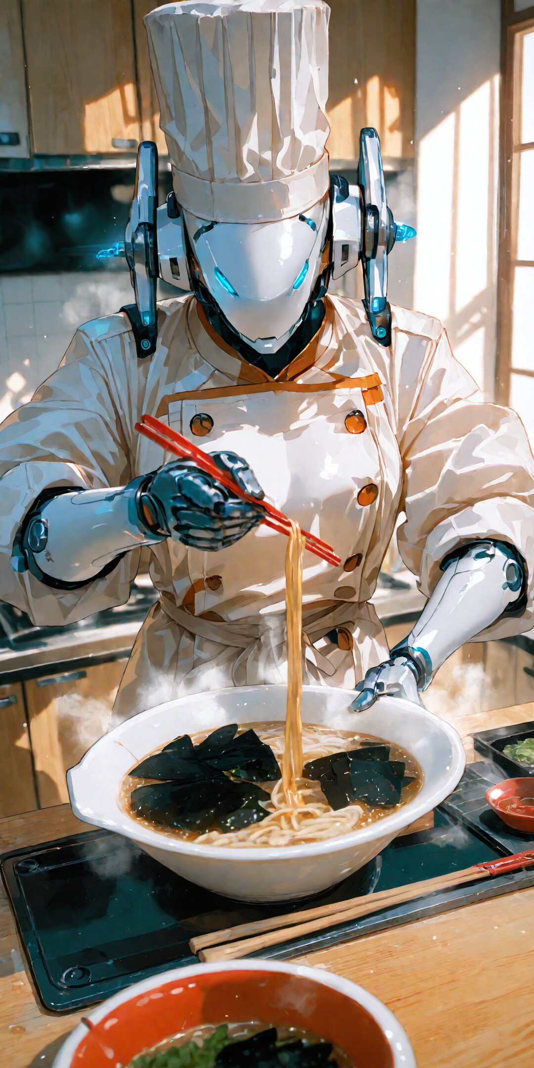 Білий, футуристичний робот, одягнений у повний кухарський костюм, включно з високим головним убором, використовує червоні палички для того, щоб витягувати локшину з гарячої тарілки японської рамену на кухні.