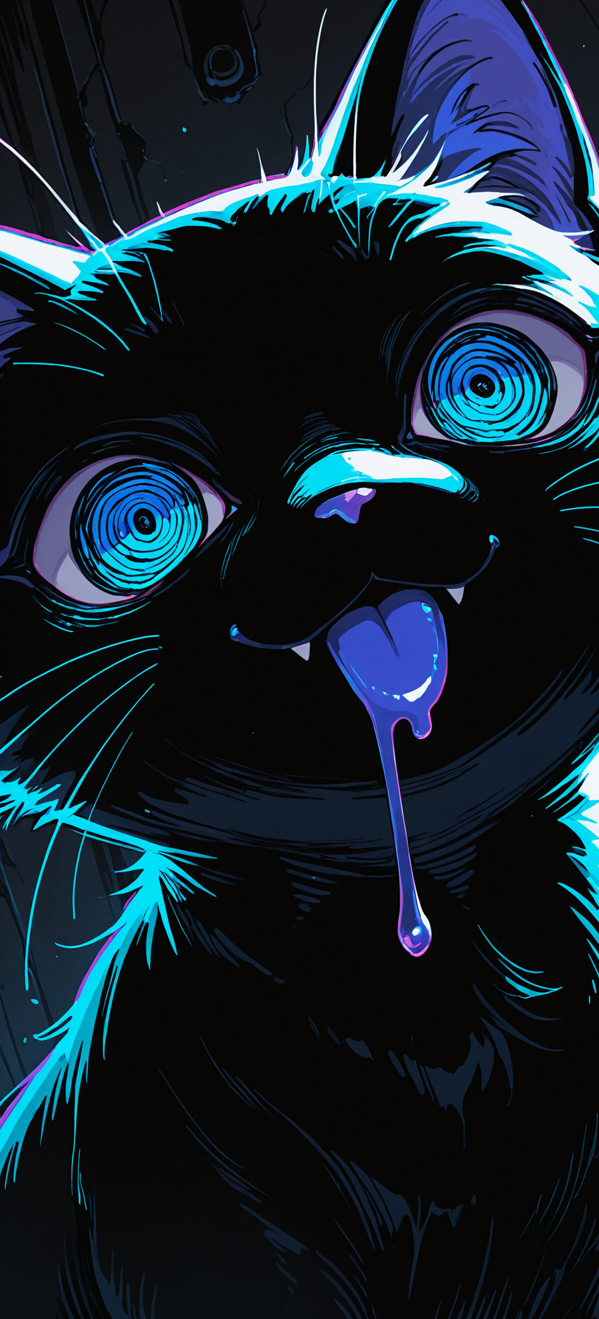 Стилізована ілюстрація, що зображує крупним планом обличчя білої кішки. У кішки великі темні очі з фіолетовими відблисками, на голові – колюча чорна шерсть, рот широко відкритий, з нього виглядає язик, і з рота стікає слина. На шиї у неї чорний нашийник із золотим дзвіночком.