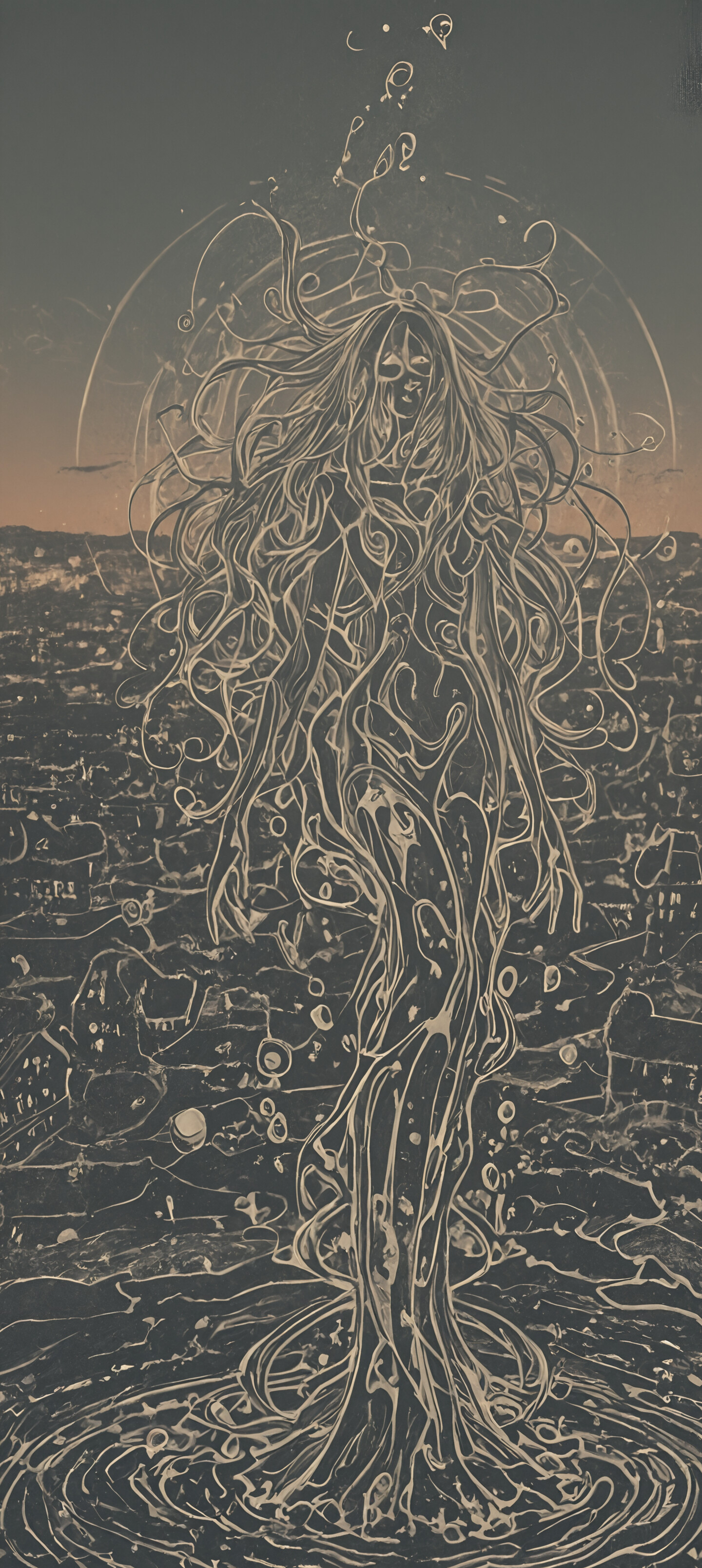 Абстрактна картина з темним фоном, на якому зображено густу, складну мережу з витіючих золотистих ліній і крапок. У верхній центральній частині розташована одна яскрава, сяюча сфера світла, яка є центральним елементом композиції.