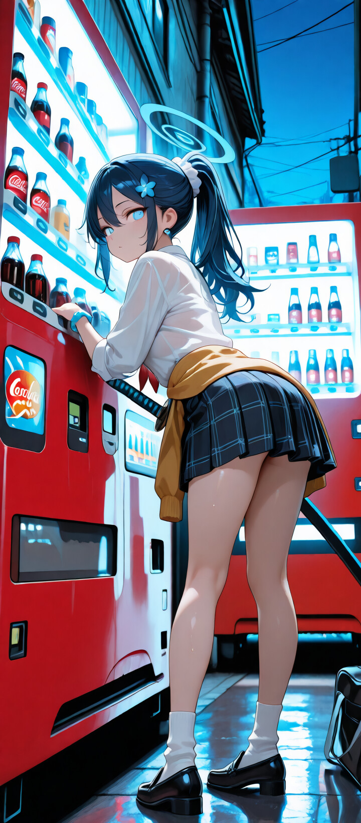 Аніме-дівчина зі світло-блакитним волоссям, німбом над головою та сяючими блакитними очима, яку ідентифікують як Арону з Blue Archive, стоїть у темному міському провулку, тримаючи в руках сяючу блакитну катану біля червоного торгового автомата.