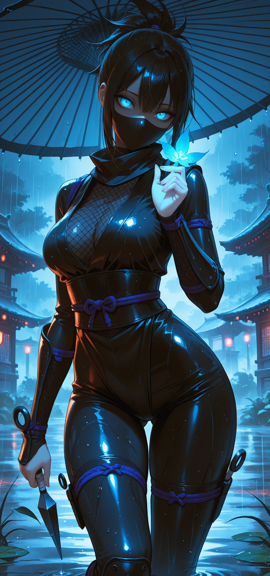 Жінка-ніндзя в стилі аніме, з сяючими червоними очима та в чорному плащі з капюшоном, стоїть під дощем уночі, тримаючи в одній руці червону парасольку, а в іншій – кунаї. На задньому плані видніються японські будівлі, освітлені ліхтарями.