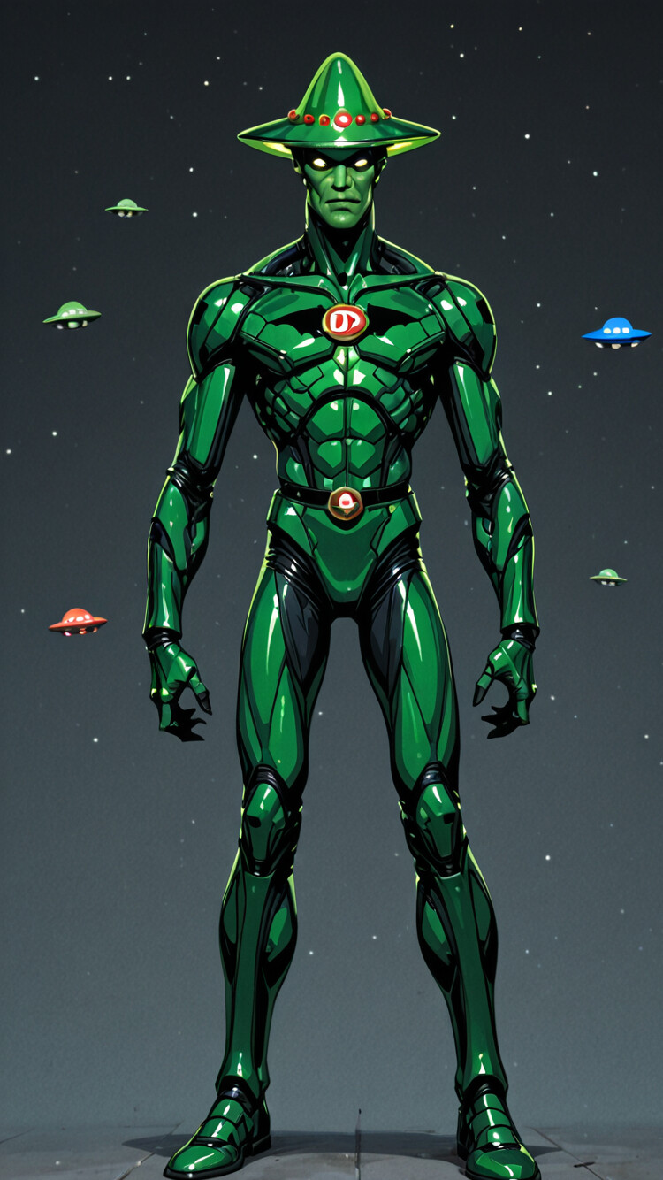 Велика зелена мультяшна літаюча тарілка з мерехтливими жовтими вогнями та антеною на тлі темно-синього неба, усіяного білими зірками.