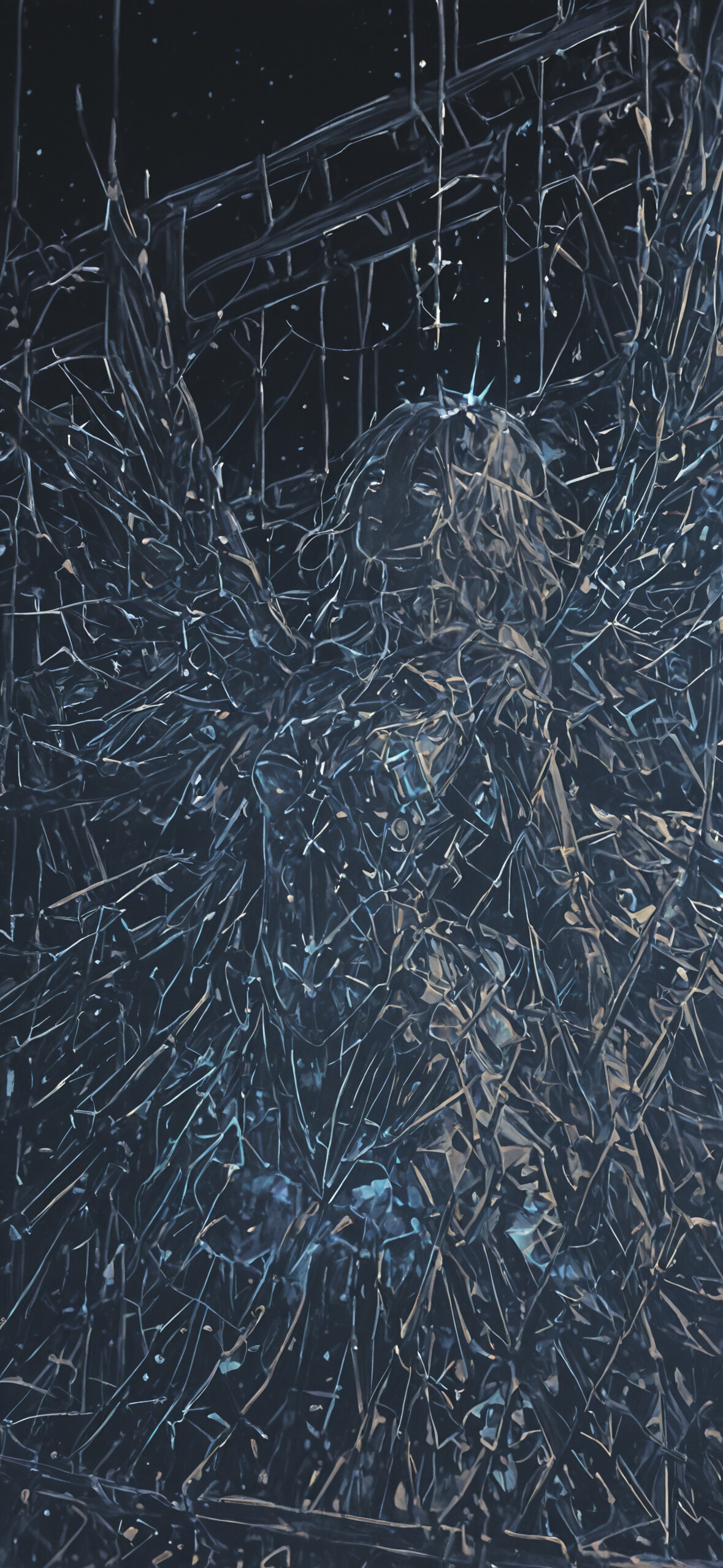 Небесна, ангельська постать із великими крилами постає на тлі темного, зоряного неба. Постать і її крила складаються з незліченної кількості сяючих блакитних і золотих фрагментів, що нагадують розбиті зірки або космічне скло.