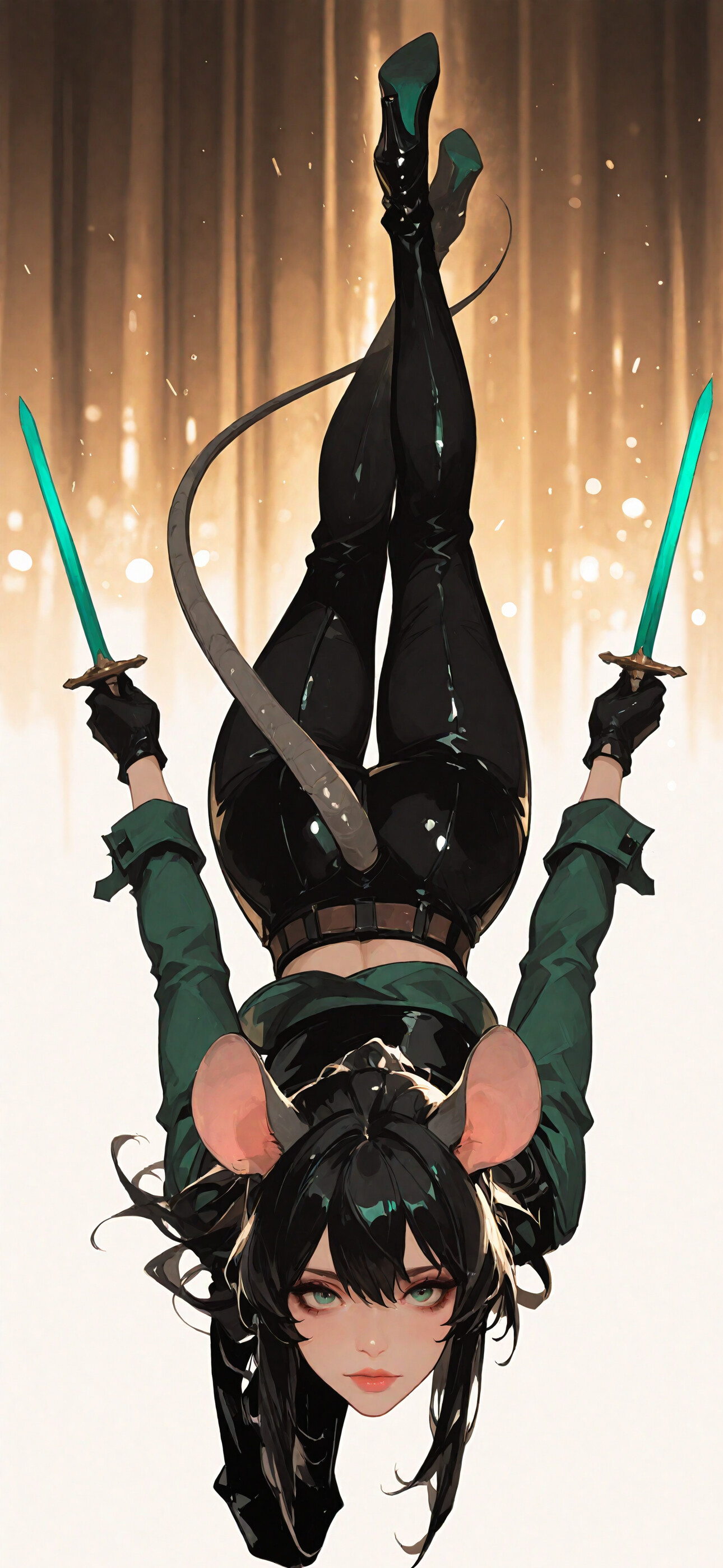 Аніме-персонажка, дівчина з чорним волоссям, зеленими очима, великими мишачими вушками та довгим мишачим хвостом, одягнена як розбійниця: у зелену сорочку та чорні штани. Вона лежить на білій плитковій підлозі та дивиться прямо в камеру.