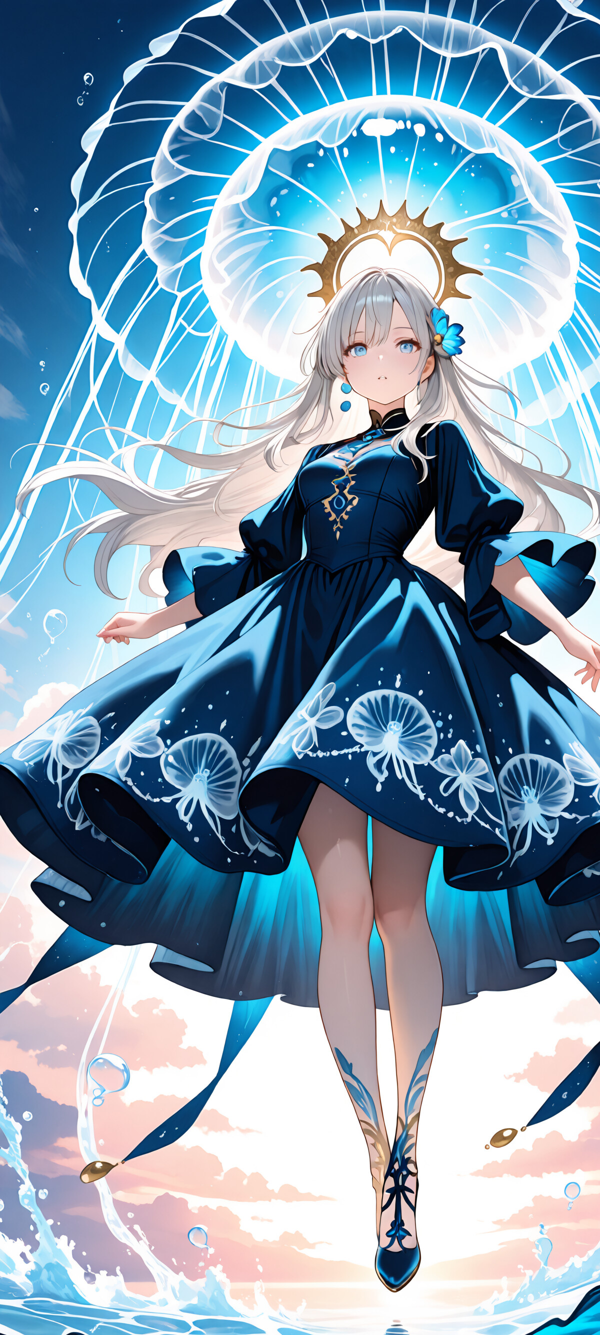 Аніме-дівчина з довгим сріблястим волоссям і темно-синьою сукнею стоїть на поверхні води, а на її голові, як капелюх, велика, сяюча блакитна медуза на тлі небесно-блакитного неба.