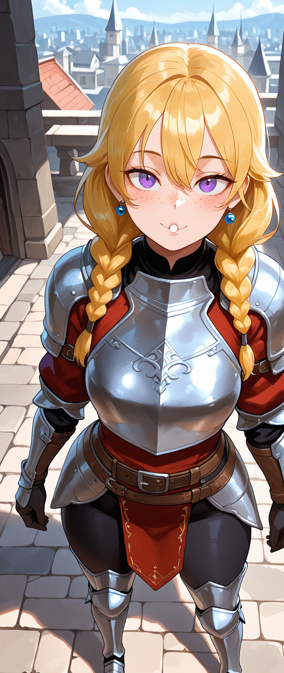 Молода жінка-лицар із світлим волоссям, зібраним у коси, та фіалковими очима, одягнена в срібну броню поверх фіолетової туніки, стоїть на кам’яному мосту в середньовічному місті та усміхнено дивиться на глядача.