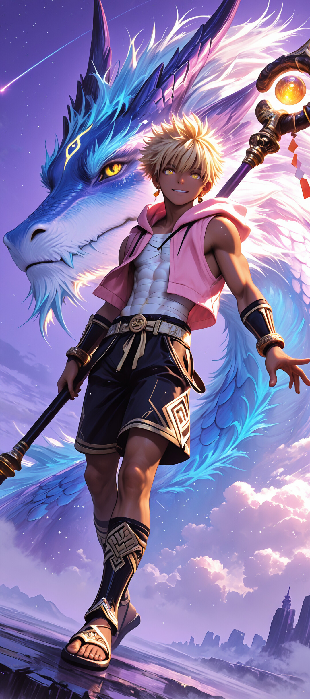 Молодий чоловік зі світлим волоссям, одягнений у рожеву толстовку, тримає в руках чарівну палицю, стоїть перед великим синьо-фіолетовим драконом під зоряним фіолетовим небом.