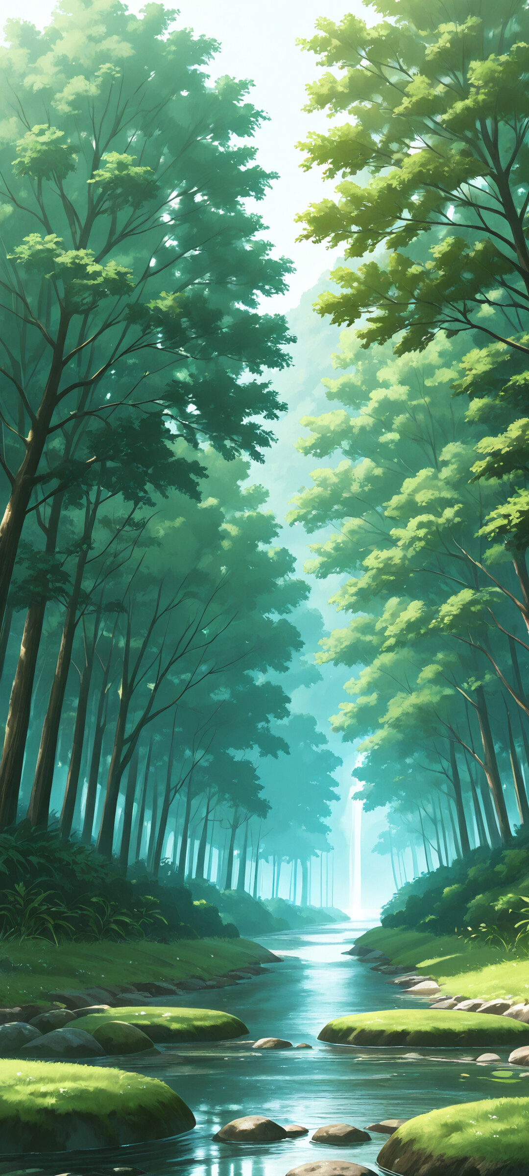 Анімешний пейзаж: чиста, спокійна річка, що протікає через зелену долину з пишною травою, сосновими деревами та пологими горами під блакитним небом.