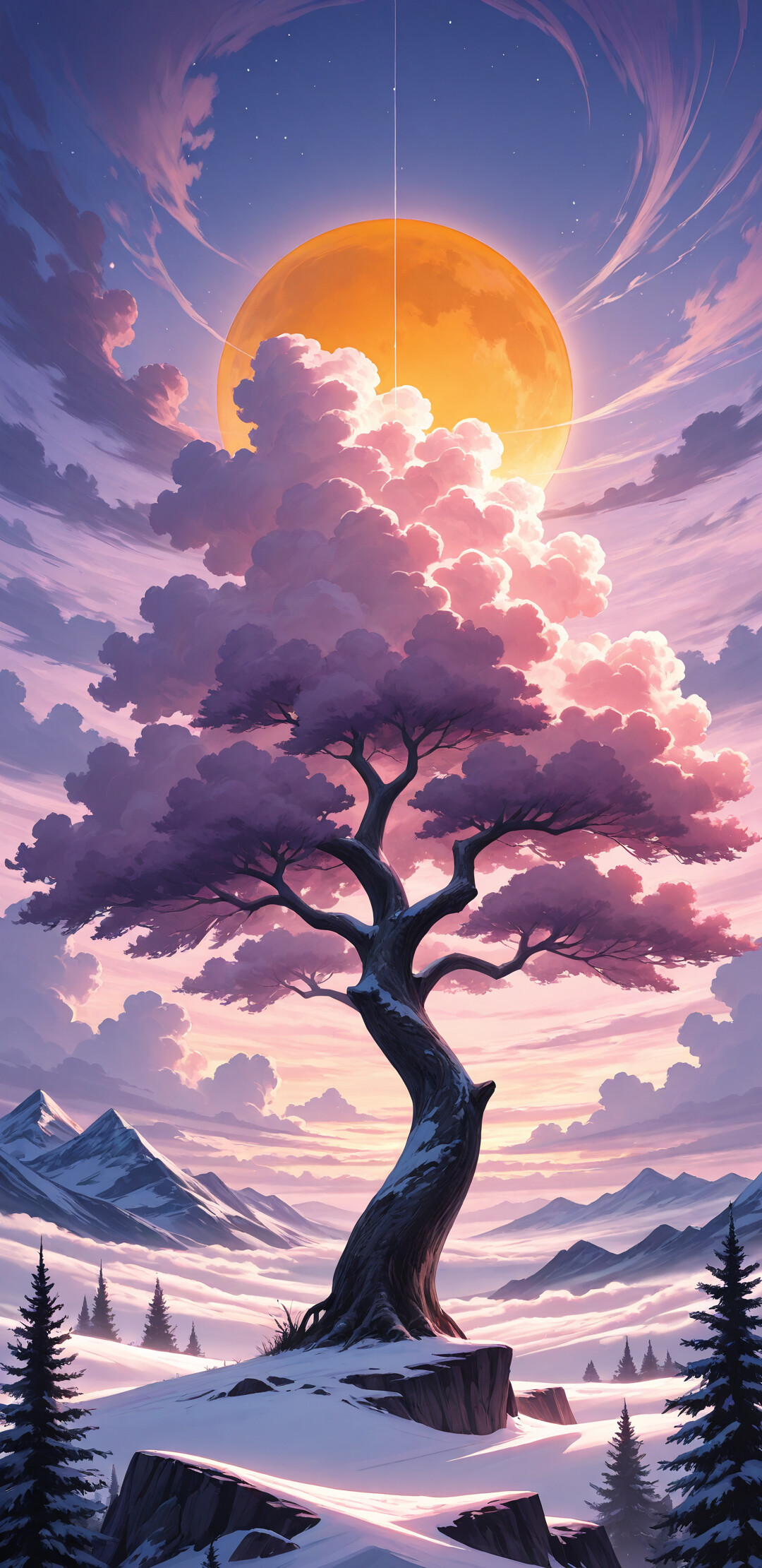 Велична сосна, силует якої вимальовується на тлі яскравого фіолетово-рожевого заходу сонця, стоїть на засніженій скелі, звідки відкривається вид на гірський хребет, а над ним сяє яскрава зірка та видно смуги зоряного світла.