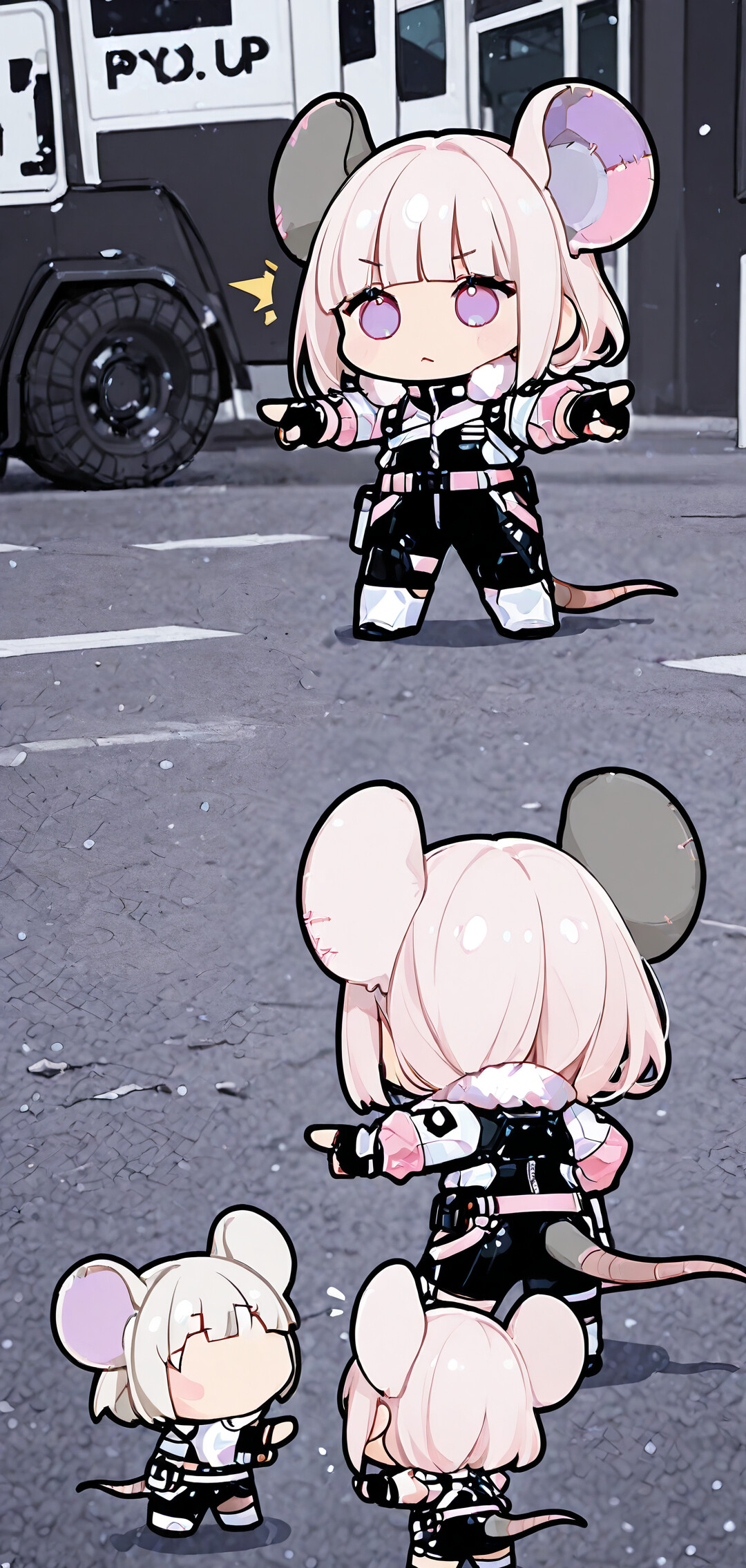 Троє ідентичних аніме-персонажок у стилі «чібі» з білим волоссям і великими мишачими вушками, одягнені в чорно-рожеві футуристичні костюми, стоять колом на засніженій вулиці та здивовано показують один на одного, натякаючи на мем про Людину-павука.