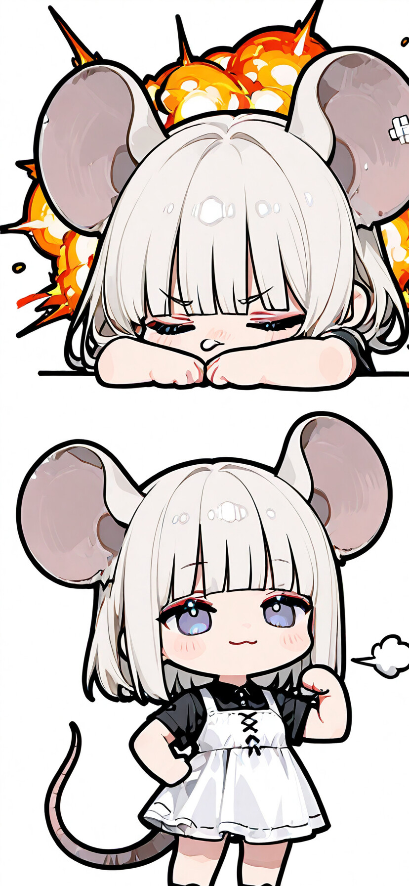 Мила аніме-дівчинка в стилі «чібі» з великими мишачими вушками та сріблястим волоссям, яку ідентифікують як Назрін із серії «Touhou Project». Вона одягнена в чорну сукню і впевнено позує на тлі палаючого вибуху.