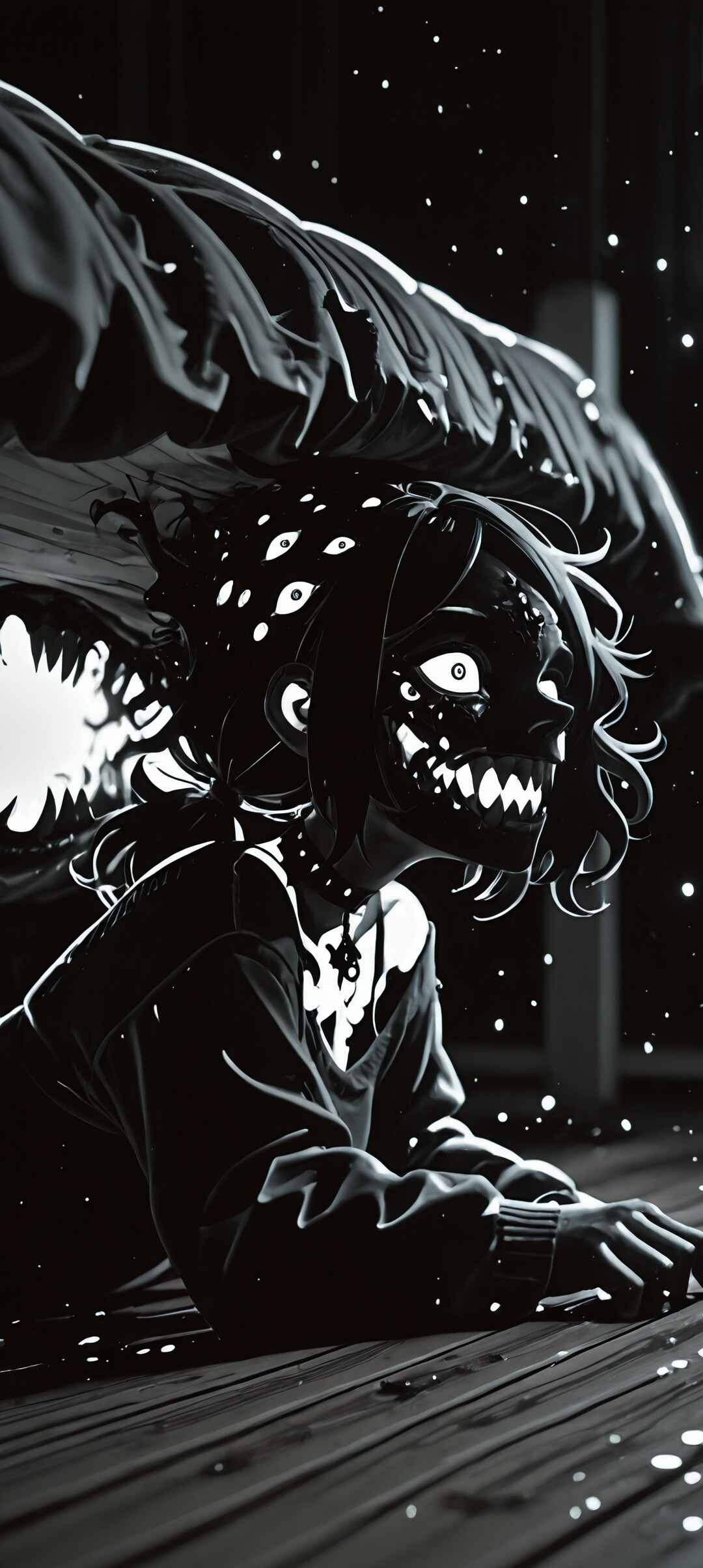 Похмура та моторошна ілюстрація Ешлі Грейвз із книги «Труна Енді та Лейлі», де вона зображена у вигляді монстра. Вона лежить на дерев’яній підлозі під ліжком, і в неї багато червоних, що світяться очей і хижа посмішка з гострими зубами.