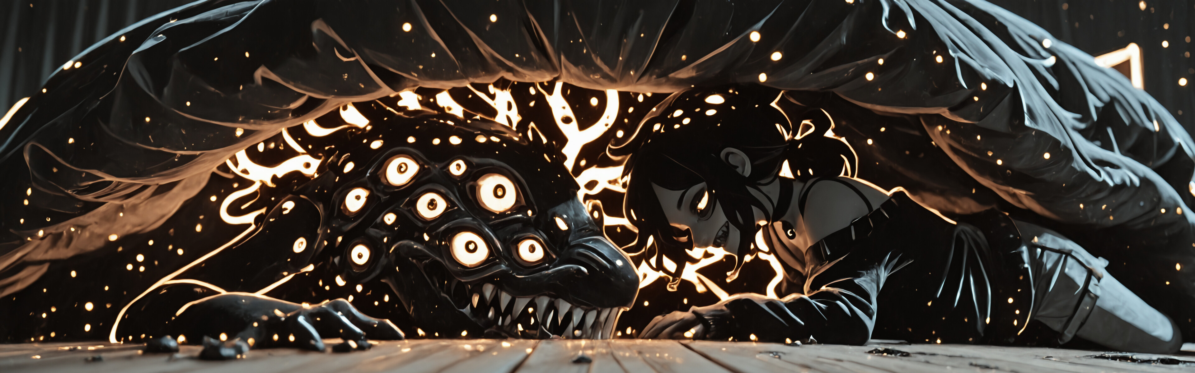 Похмура та моторошна ілюстрація Ешлі Грейвз із книги «Труна Енді та Лейлі», де вона зображена у вигляді монстра. Вона лежить на дерев’яній підлозі під ліжком, і в неї багато червоних, що світяться очей і хижа посмішка з гострими зубами.