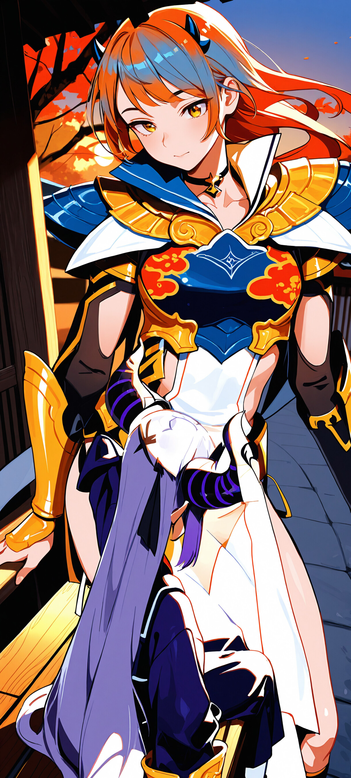 Ілюстрація в стилі аніме, на якій зображено Ла+ Даркнесс з Hololive – дівчину з фіолетовим волоссям і великими рогами, що сидить на дерев’яній веранді в традиційному японському стилі під час заходу сонця і тримає в руках паличку з данго.