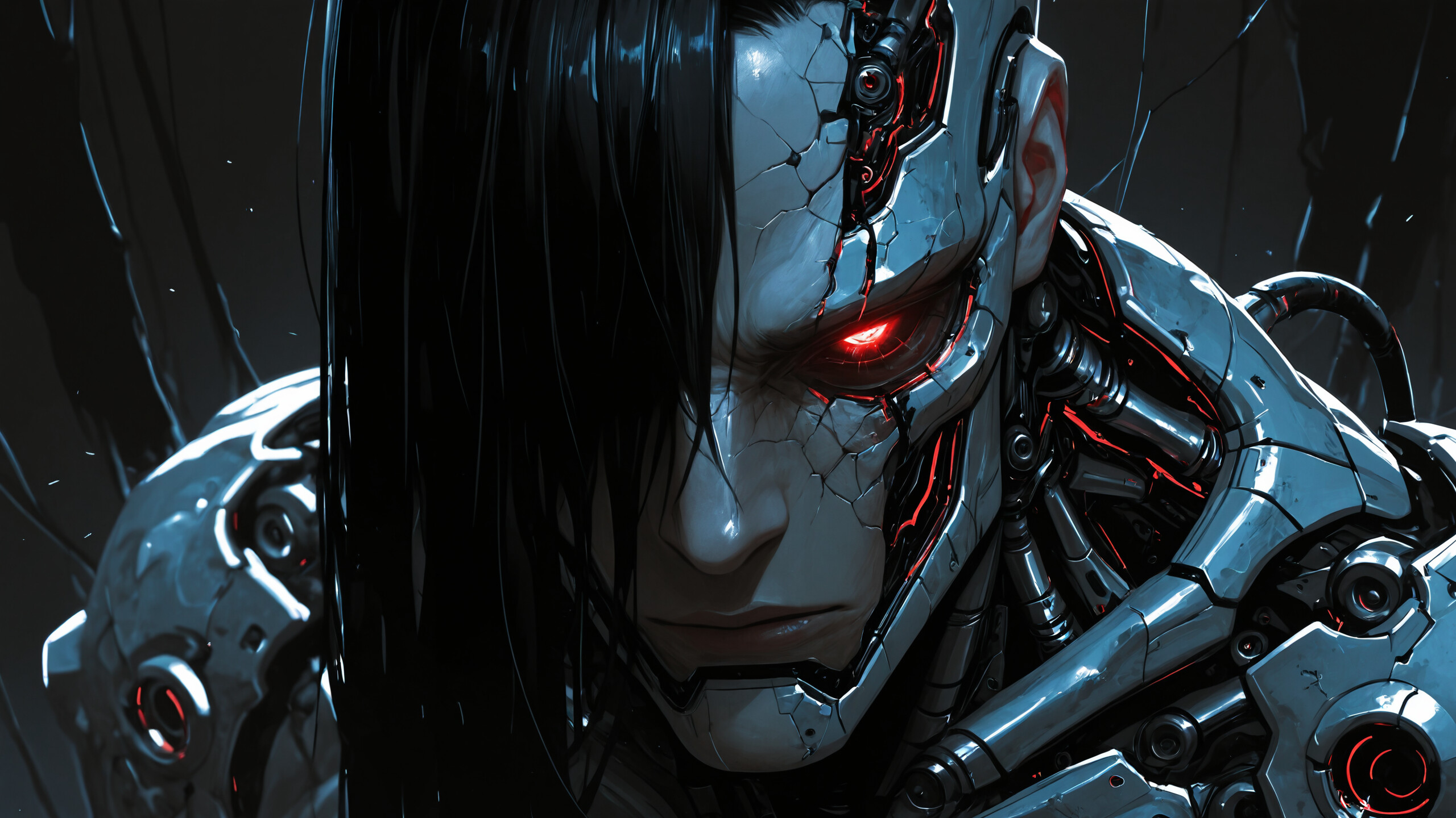 Зображення робота в анфас: білий скелет із червоними очима, що світяться, і пошкодженою черепною коробкою, крізь яку видно чорні внутрішні механізми, на темному фоні.