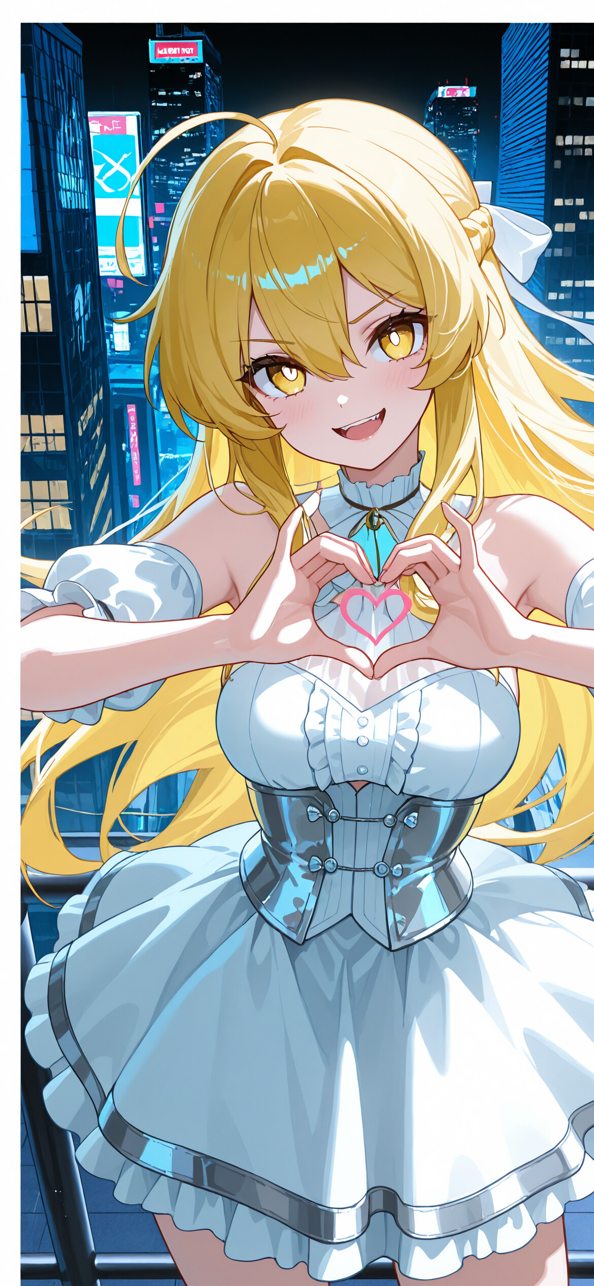 Аніме-персонаж, Шокухо Місакі, з довгим світлим волоссям і в білій сукні, усміхається і складає руками форму серця на тлі міського пейзажу.