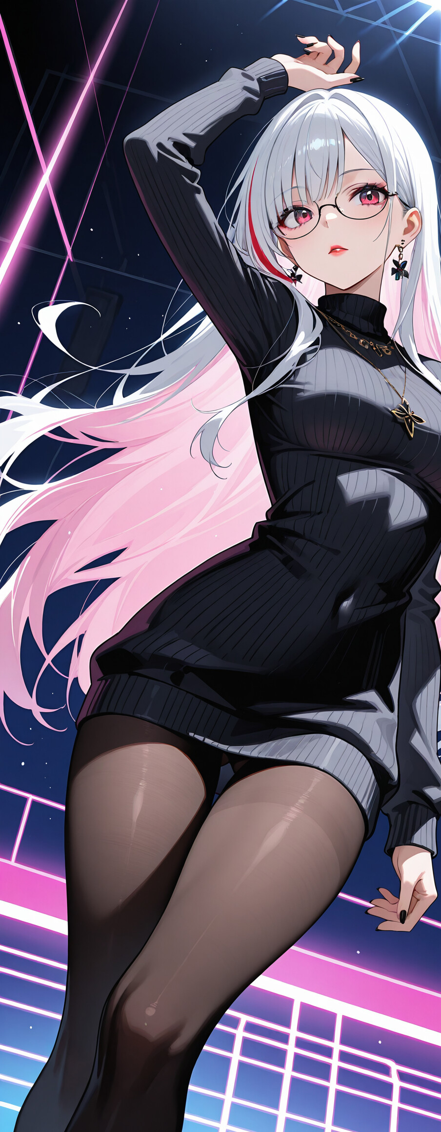 Аніме-дівчина з довгим волоссям, що переливається білим, синім і фіолетовим кольорами, фіолетовими очима та в окулярах, одягнена у відкритий чорний кардиган, на шиї – намисто-чокер, на ногах – колготки, на тлі сяючих фіолетових ліній.