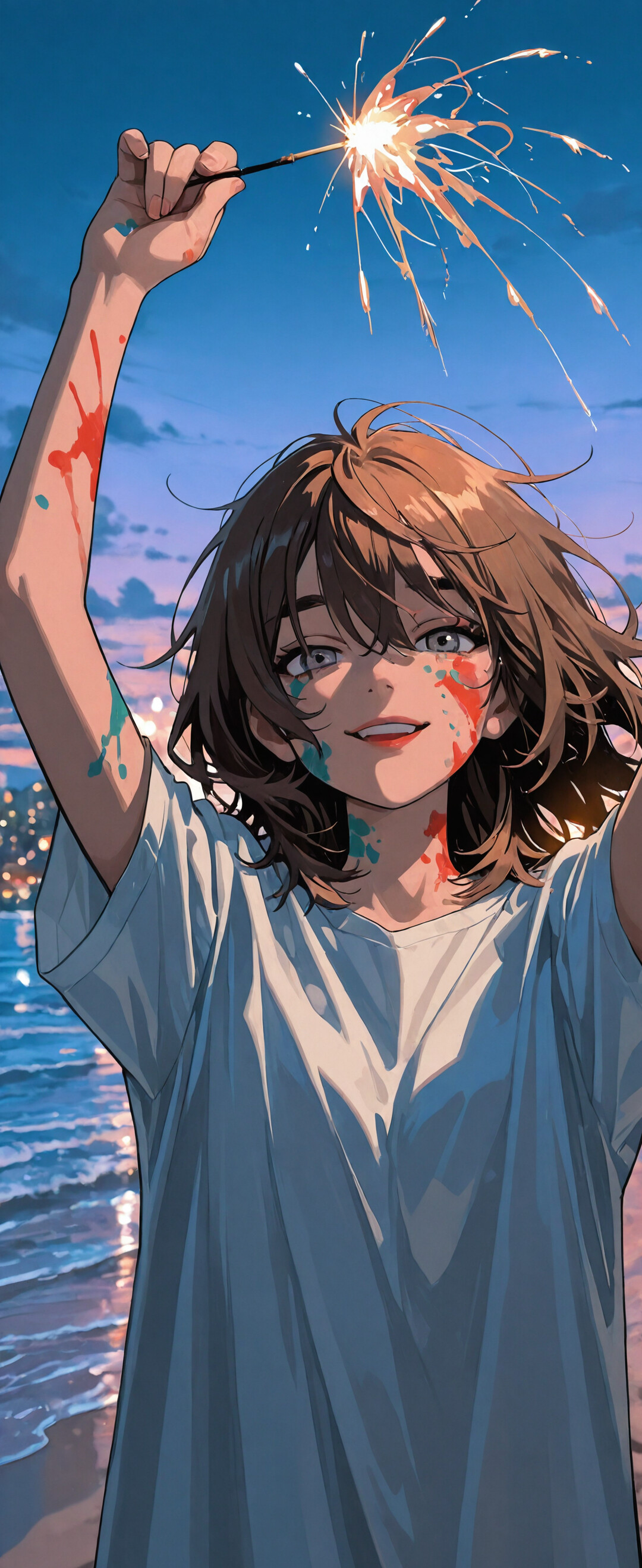 Молода жінка з каштановим волоссям і яскравим макіяжем на обличчі тримає над головою запалену бенгальську свічку на пляжі в сутінках, на тлі видно море та панораму міста.