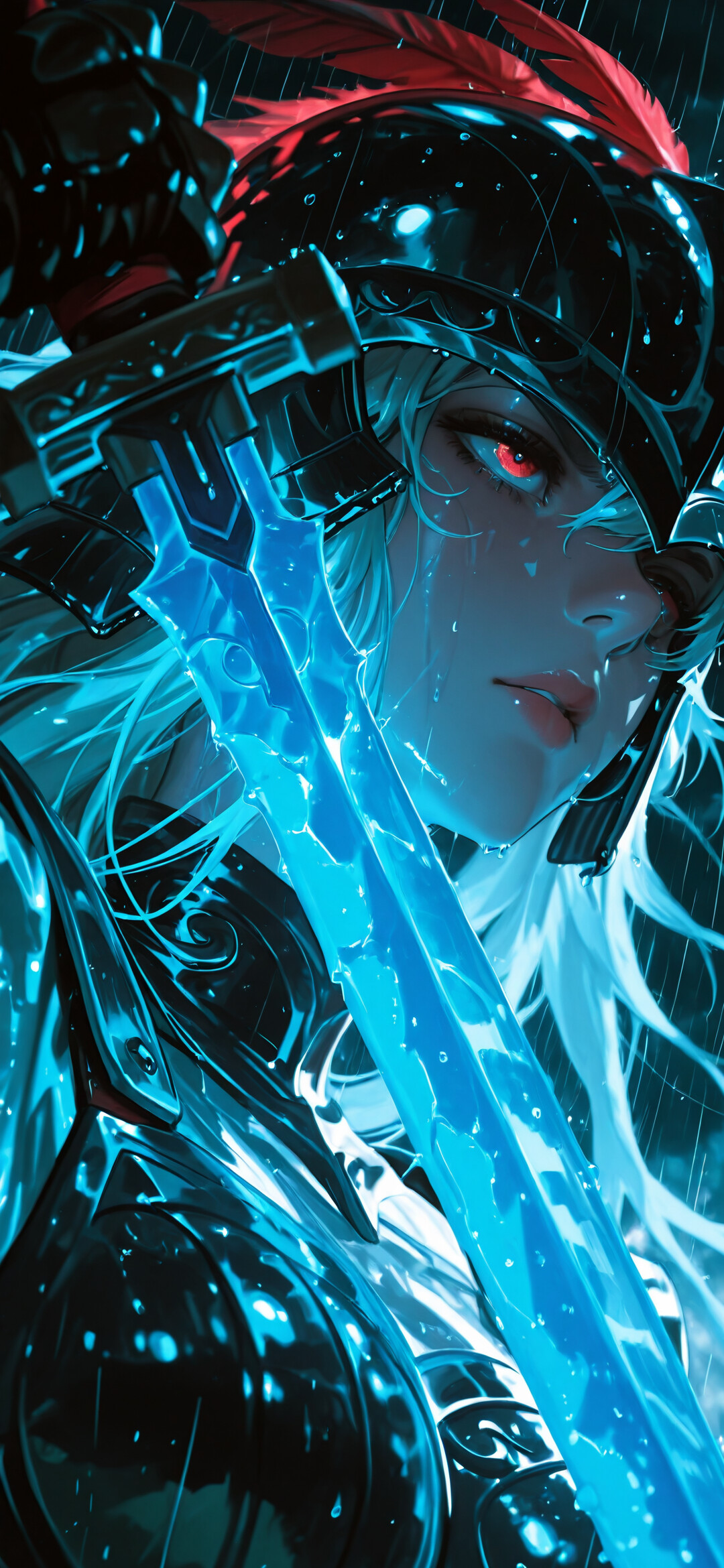 Портрет у стилі аніме, на якому зображено жінку-воїнку з довгим білим волоссям і сяючими червоними очима. На ній темні обладунки та шолом із червоним пір’ям. Вона тримає великий, сяючий синій меч під дощем.